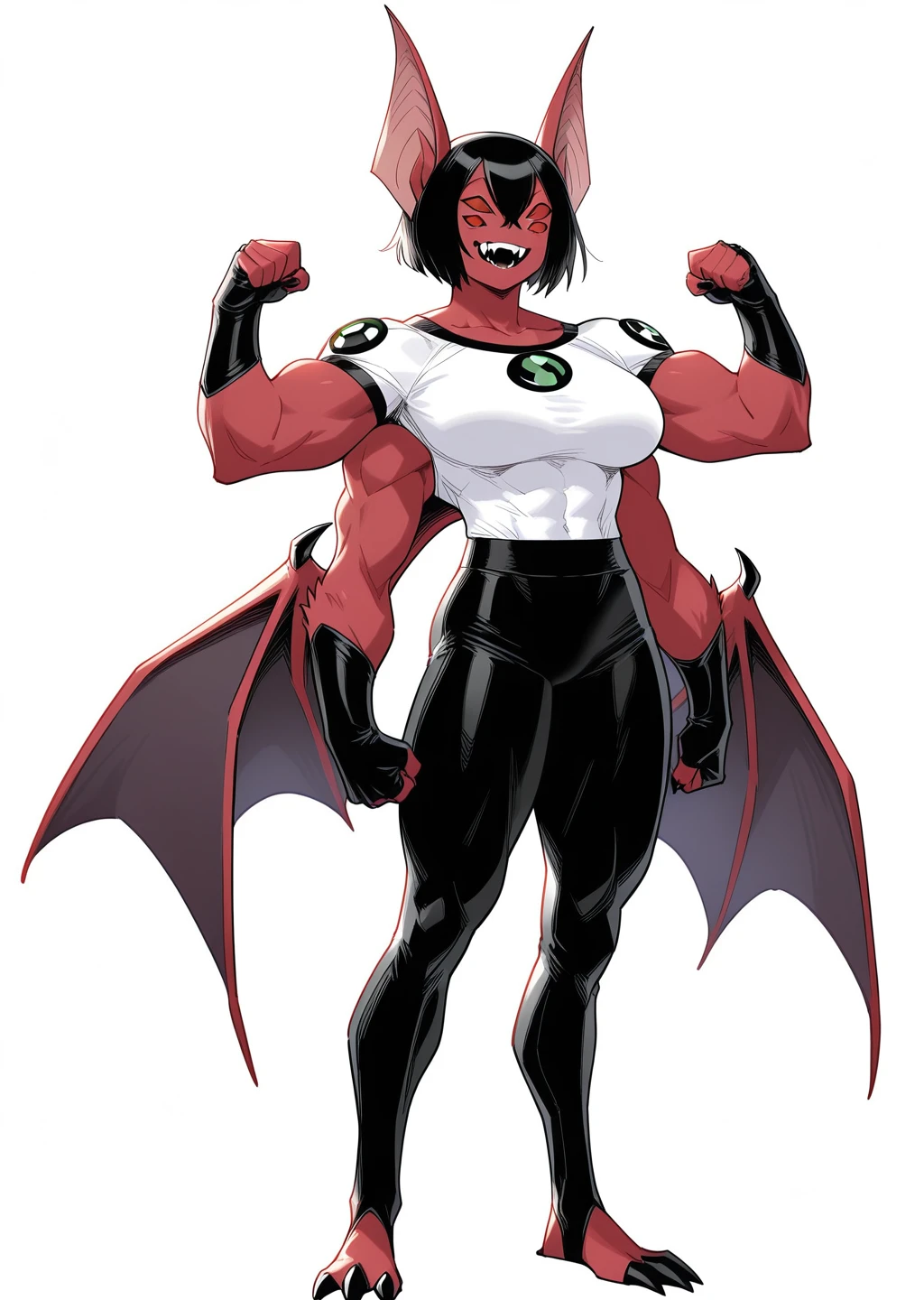 8k, render, ultra detailed, masterpiece, clean lines, absurdres, textless version, best detail, best quality, detailed, high quality, vibrant, BREAK,
<lora:Tetramand__4Arms_Ben_10_Illustrious:0.8> red skin, colored skin, muscular, alien, 4arms, multiple arms, multiple eyes, 4eyes, ben10, <lora:Werebat_Concept_Illustrious:1> werebat, bat ears, bat wings, bat feet, bat teeth, monster girl,