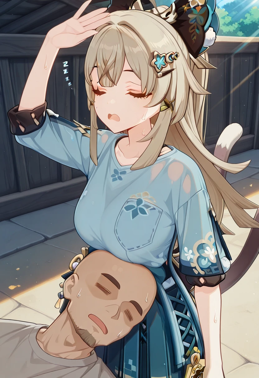 masterpiece, best quality, amazing quality,, <lora:genshin-kirara-ingame-illustriousxl-lora-nochekaiser:1>, kirara, kirara (genshin impact), long hair, brown hair, hair ornament, animal ears, green eyes, tail, ahoge, sidelocks, hairclip, cat ears, cat tail, light brown hair, cat girl, multiple tails, two tails, nekomata, mature female, small breasts, 3d, <lora:getsuyoubinotawawa-551-illustriousxl-lora-nochekaiser:1>, getsuyoubinotawawa 551, open mouth, shirt, skirt, 1boy, closed eyes, sweat, arm up, sleeping, sleeves rolled up, = =, breast rest, breasts on head, hot, sunlight, shadow, outdoors, faceless, faceless male, bald, mature male,, faceless, faceless male, bald, mature male,, ,  solo