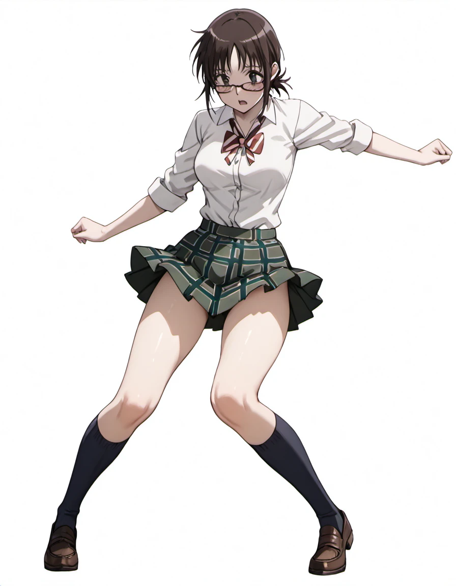 masterpiece, best quality, absurdres, <lora:nomura_taeko_IL_r1:1>, taeko_(coppelion), solo, 1girl, single, only_one, one_person, glasses, brown hair, ponytail, school uniform, white shirt, plaid skirt, green skirt, pleated skirt, ribbon, kneehighs, loafers, on a plain white background, studio background, simple_background, full body, dynamic pose, from front,