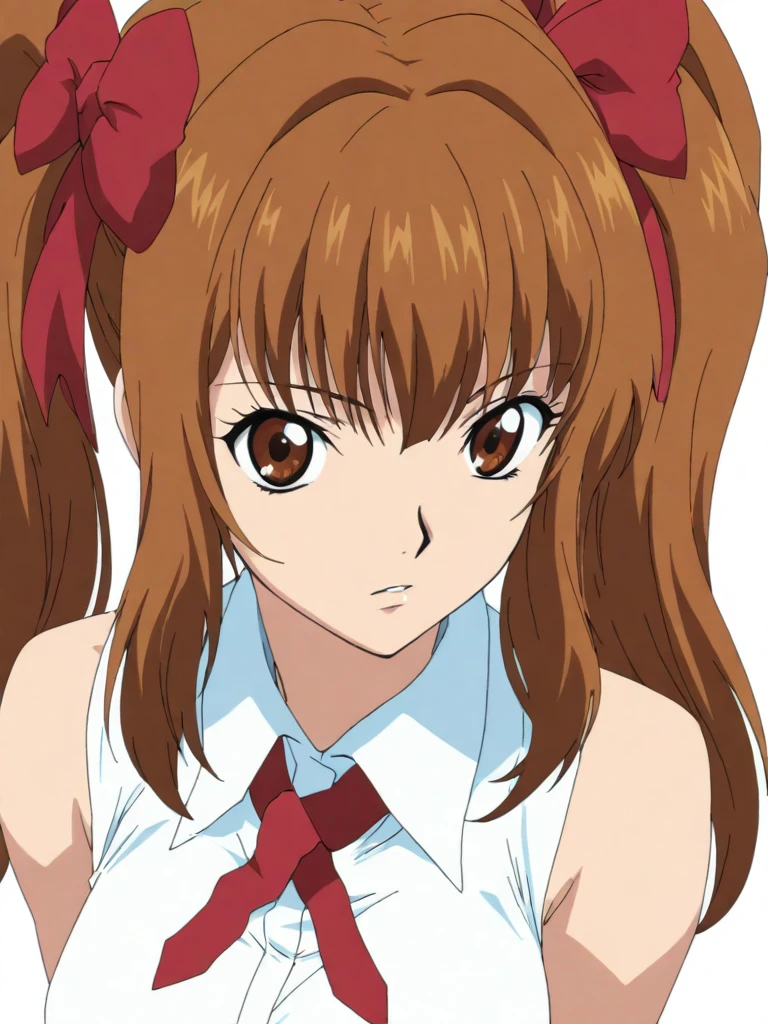 masterpiece,high score,great score,absurdres,anime coloring,looking at viewer,solo,portrait,white background,<lora:SayakaYukimura hassakuill30:1> sayakayukimura, brown hair, twintails, hair bow, brown eyes,sleeveless shirt,ribbon,