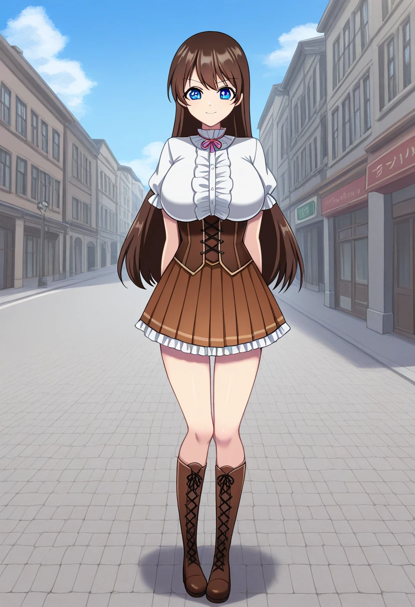1girl, solo, hikarioparu, brown hair, long hair, blue eyes, bright pupils, white pupils, , magical girl, shirt, short sleeves, frills, center frills, short sleeves, turtleneck, neck ribbon, corset, pleated skirt, knee boots, lace-up boots, outdoors, city, street, smile, serious, standing, full body