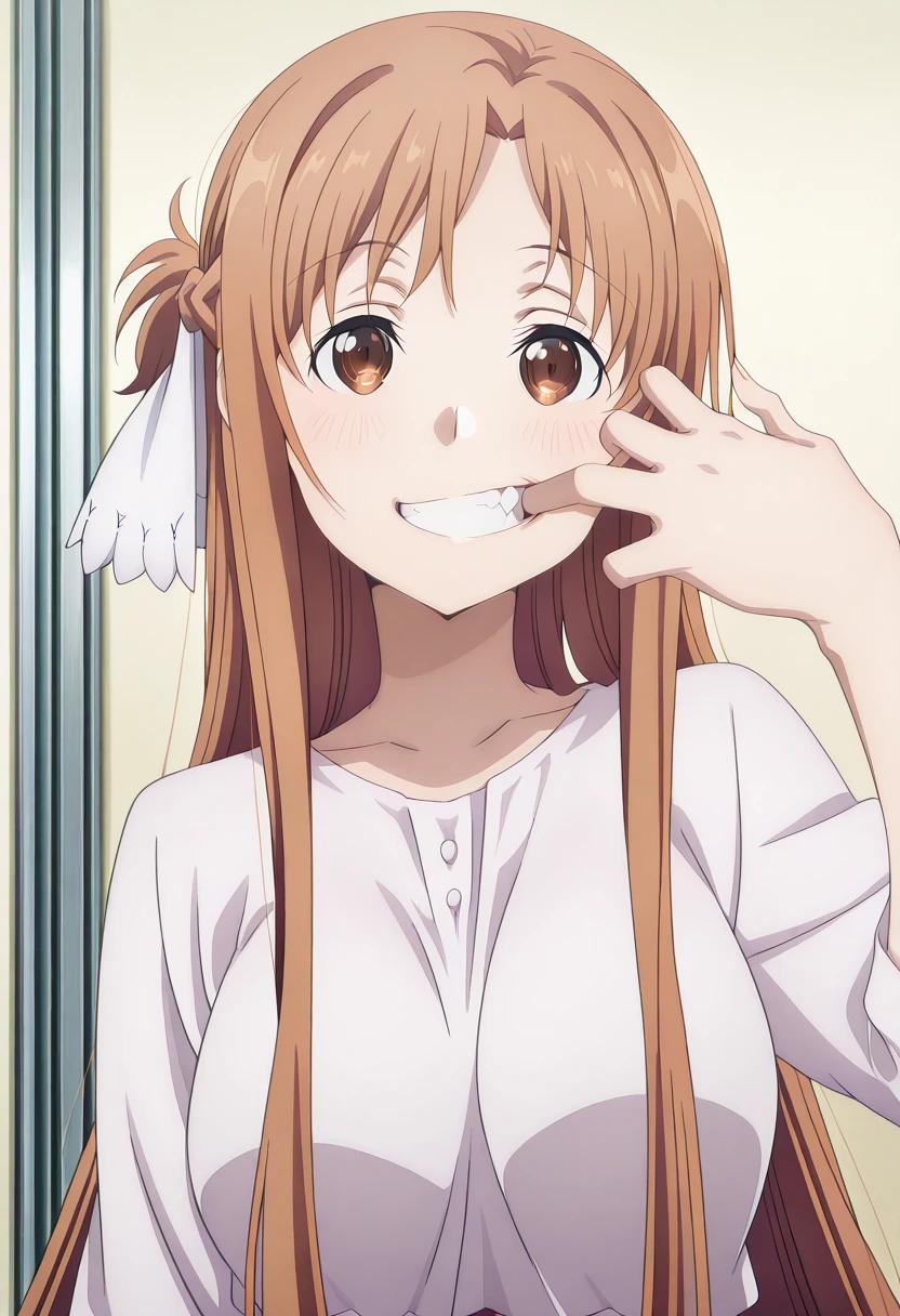 masterpiece, best quality, amazing quality,, <lora:asuna-yuuki-s3-illustriousxl-lora-nochekaiser:1>, asuna yuuki, asuna (sao), yuuki asuna, long hair, bangs, brown hair, brown eyes, very long hair, braid, mature female, medium breasts, anime screencap,, <lora:gotoubunnohanayome-vol10-illustriousxl-lora-nochekaiser:1>, gotoubunnohanayome vol10, solo, looking at viewer, blush, smile, upper body, teeth, hand up, grin, straight-on, finger in own mouth, mouth pull,, , ,