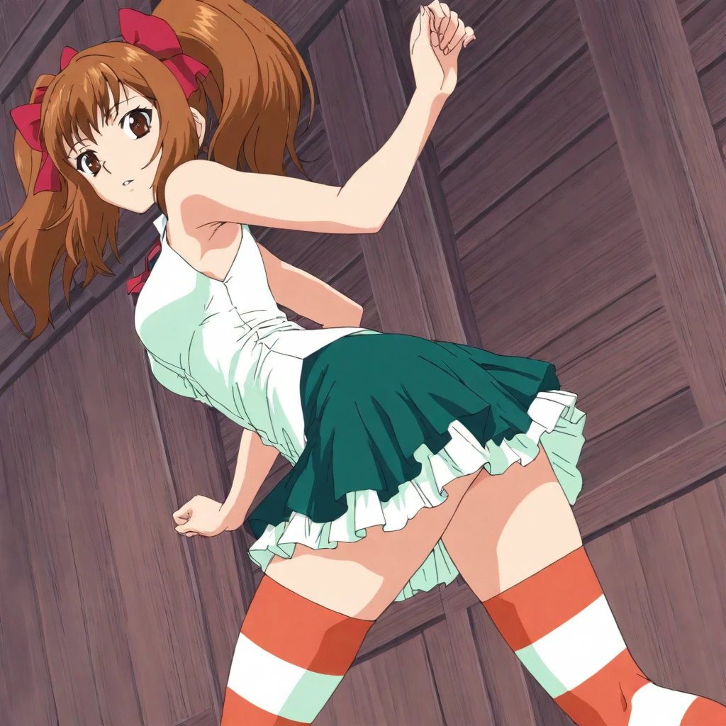 masterpiece,high score,great score,absurdres,anime coloring,looking at viewer,solo,cowboy_shot,from back,<lora:SayakaYukimura hassakuill30:1> sayakayukimura, brown hair, twintails, hair bow, brown eyes,sleeveless shirt,ribbon,green skirt,striped thighhighs,