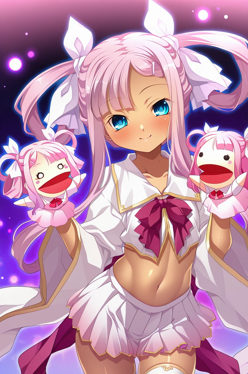 masterpiece, best quality, amazing quality, very aesthetic, absurdres, ultra detailed, 
1girl, solo, su/n_sh@ngx1@ng(sha0ren), pink hair,  blue eyes, hair rings, hair ribbon, hairclip BREAK midriff, wide sleeves, navel, thighhighs, pleated skirt, 
^ ^, shy smile, blush, standing, hppt,hand puppet, happy aura, white background, upper body <lora:hand_puppet_IL_v1:1> <lora:Sun Shangxiang(shaoren) v1.0-000012:0.9>