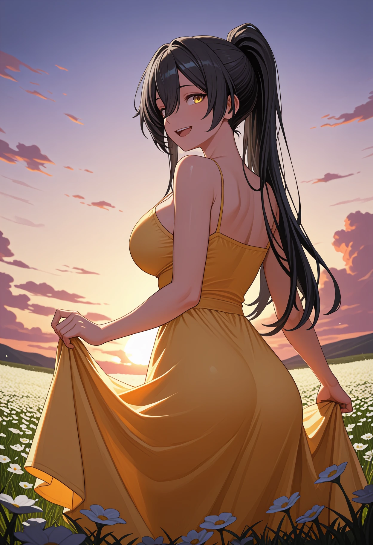 newest, , solo, 1girl, smile, open mouth, looking back, skirt hold, long hair, black hair, hair between eyes, high ponytail, yellow eyes, yellow sundress, spaghetti strap,  shoulders, , outdoors, sunset, cloud, grass, flower field
<segment:yolo-Anzhc Face seg 640 v3 y11n.pt,0.5,0.5//cid=11>