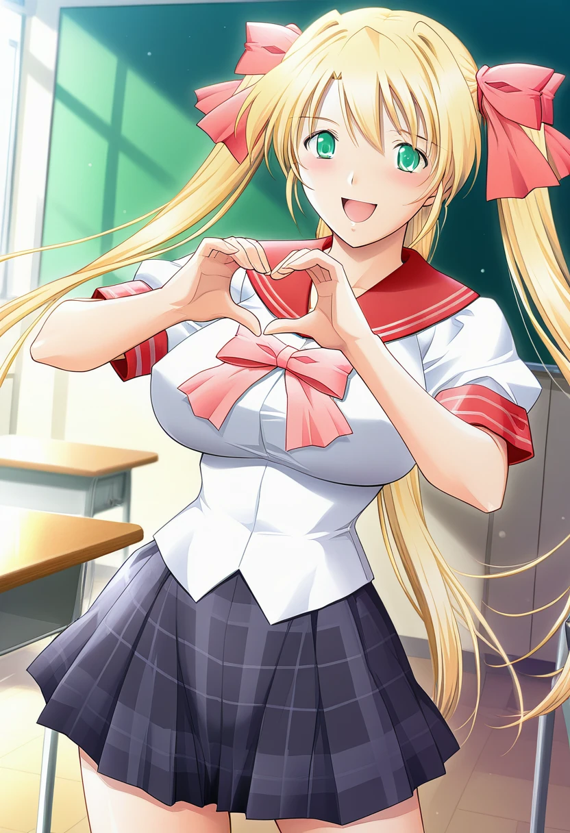 masterpiece, best quality, amazing quality, very aesthetic, absurdres, ultra detailed, 
1girl, solo, ak3h1me_sak1, blonde hair, green eyes, twintails BREAK school uniform, pink bow, red sailor collar, plaid skirt, black skirt, 
happy, blush, standing, heart hands, classroom, cowboy shot, sharp focus, depth of field <lora:akehime saki v1.0-000012:1>