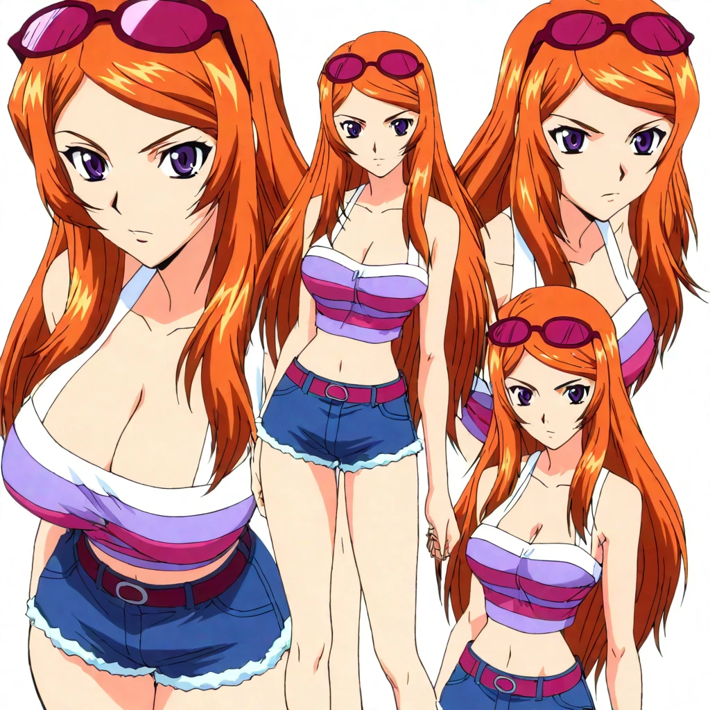 masterpiece,high score,great score,absurdres,anime coloring,anime screenshot,looking at viewer,solo,<lora:character_Sheet_XL:0.5> character sheet, multiple views, white background,<lora:SakiShindou hassakuill30:1> sakishindou, orange hair, long hair, purple eyes, eyewear on head,crop top,cleavage,shorts,