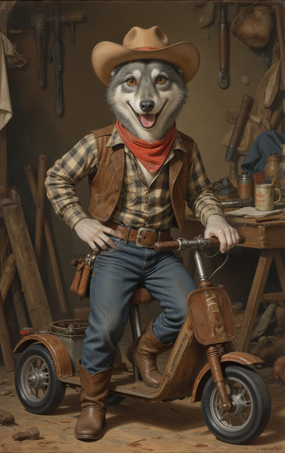 Rembrandt van Rijn style UHD, 8K, ultra detailed, a cinematic photograph of cinematic still photorealistic Realistic portrait of a young, scrappy grey wolf with intelligent, mischievous amber eyes and a confident grin. He wears a slightly battered miniature cowboy hat tilted back on his head, a faded red bandana around his neck, and a rugged brown leather vest over a patched-up plaid shirt â the uniform of a forest tinkerer. One paw rests casually on his rusty, handmade scooter (âLightning-3000â), the other on his hip â posture of a mechanic whoâs proud of his chaotic inventions. Background: a cluttered forest workshop with tools, spare parts, and half-finished contraptions scattered around. Style: detailed character portrait, cinematic lighting with warm sunset tones, shallow depth of field. Capture his resourceful, humorous, slightly rebellious spirit â a wolf who fixes whatâs broken, rides what shouldnât be ridden, and always shows up when his friends need him.
--ar 3:4 --v 6 , <lora:timokha:1> . highly detailed, lifelike, precise, accurate . emotional, harmonious, vignette, highly detailed, high budget, bokeh, cinemascope, moody, epic, gorgeous, film grain, grainy, beautiful lighting, great composition . Baroque, self-portrait, chiaroscuro, etching, "Rococo
