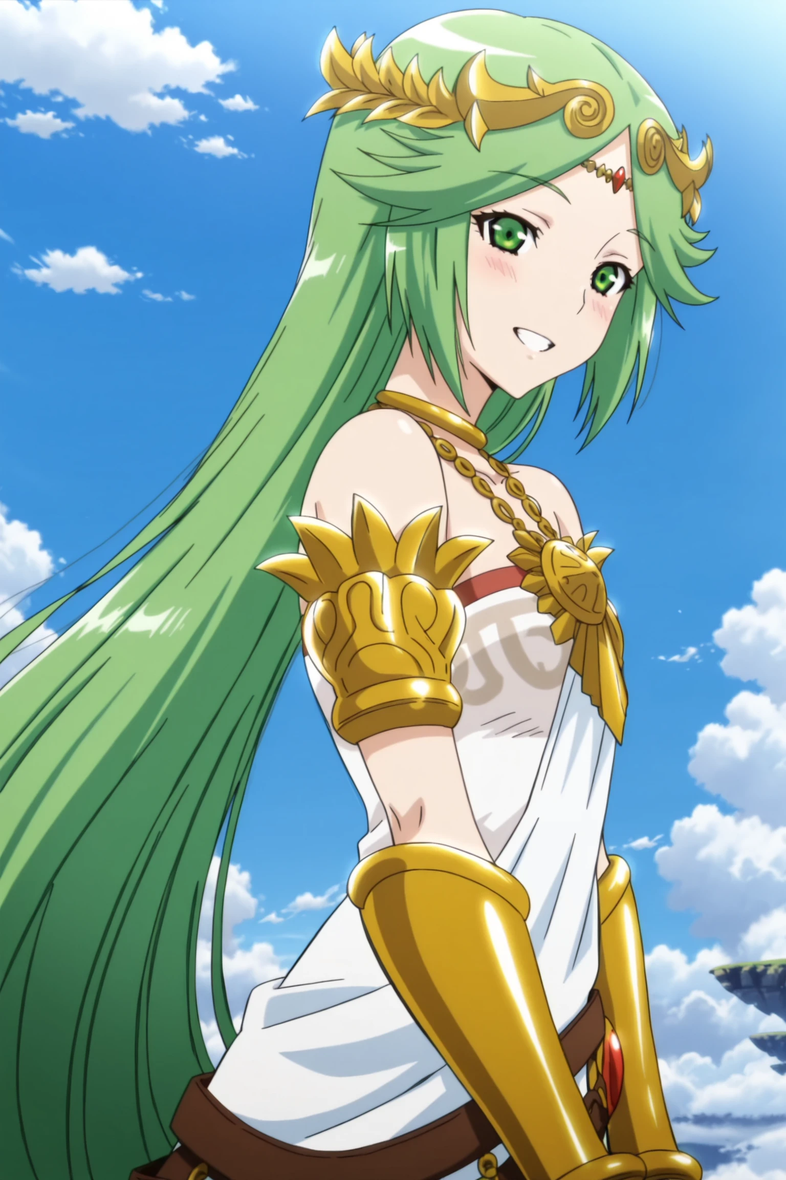anime screencap, anime coloring, detailed face, masterpiece, best quality,
<lora:Palutena_Kid_Icarus_SHAFT_Animation_Studio_style:1>
outdoors, blue sky, on top of a cloud,
p41u73n44,1girl, green hair, green eyes, long hair, solo, jewelry, smile, open mouth, blush, tiara, shoulders, necklace, cowboy shot, (view from the side, looking at the viewer from the side), grin, cowboy shot, smile
