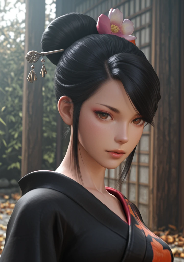 masterpiece, best quality, amazing quality, very aesthetic, high resolution, ultra-detailed, absurdres, newest, scenery, 3D, rendered, BREAK, depth of field, volumetric lighting,realistic,
1girl, japanese, nohime, black hair, japanese clothes, kimono, hair ornament, solo, obi, sash, black kimono, single hair bun, hair flower, leaf print, hair bun, hair stick,face focus, brown eyes, close-up, looking at viewer,