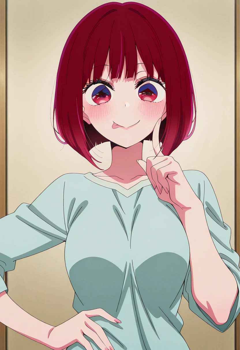 masterpiece, best quality, amazing quality,, <lora:kana-arima-s1s2-illustriousxl-lora-nochekaiser:1>, kana arima, arima kana, short hair, bangs, red eyes, red hair, bob cut, mature female, small breasts, anime screencap, <lora:gotoubunnohanayome-vol8-illustriousxl-lora-nochekaiser:1>, gotoubunnohanayome vol8, solo, looking at viewer, blush, smile, upper body, tongue, tongue out, :p, finger to cheek, hand on own hip,, , ,