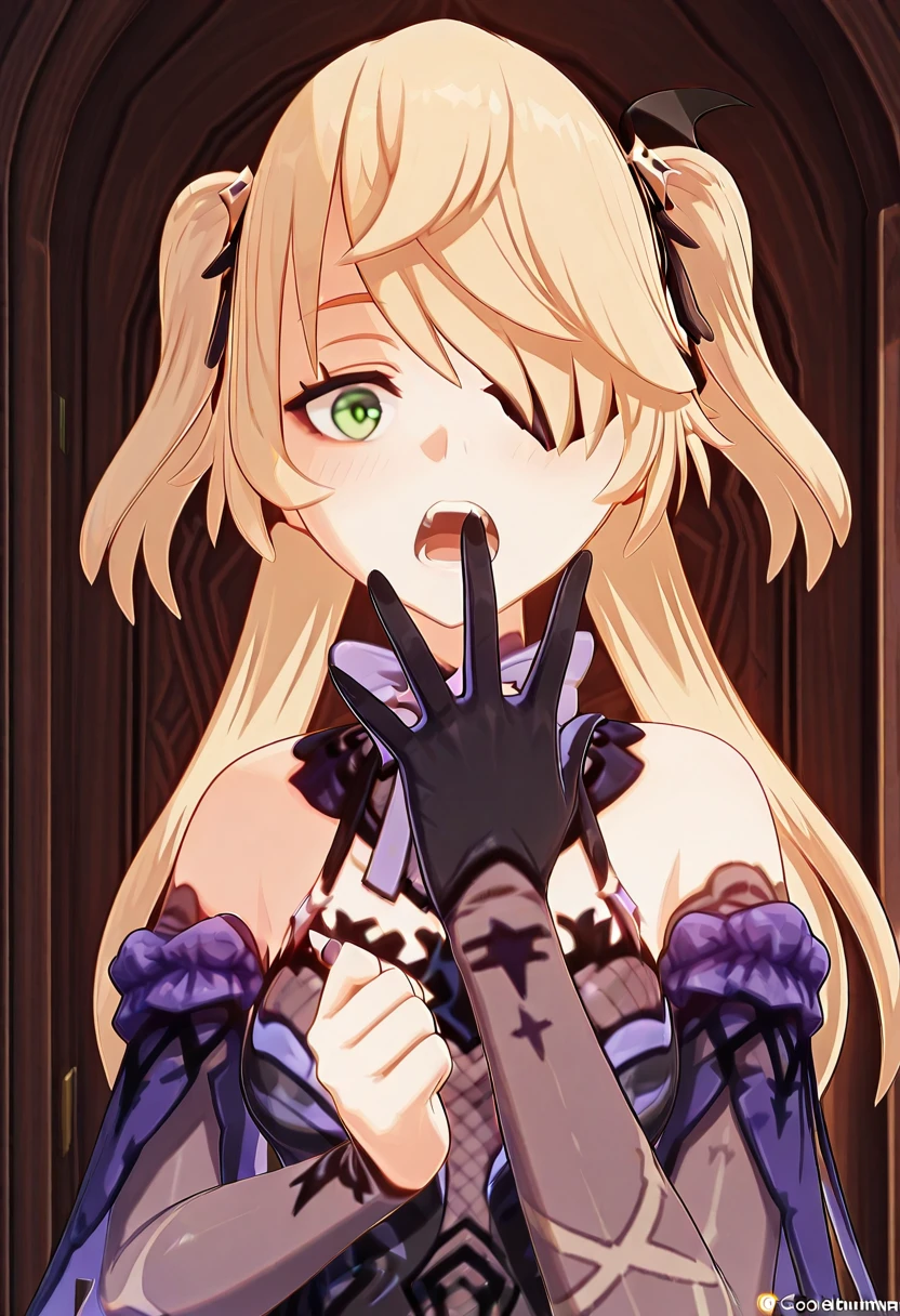 masterpiece, best quality, amazing quality,, <lora:genshin-fischl-ingame-illustriousxl-lora-nochekaiser:1>, fischl, fischl (genshin impact), long hair, bangs, blonde hair, ribbon, green eyes, hair ribbon, hair over one eye, two side up, eyepatch, mature female, small breasts, 3d, <lora:gotoubunnohanayome-vol9-illustriousxl-lora-nochekaiser:1>, gotoubunnohanayome vol9, solo, looking at viewer, blush, open mouth, upper body, teeth, surprised, open hand, hands up,, , ,