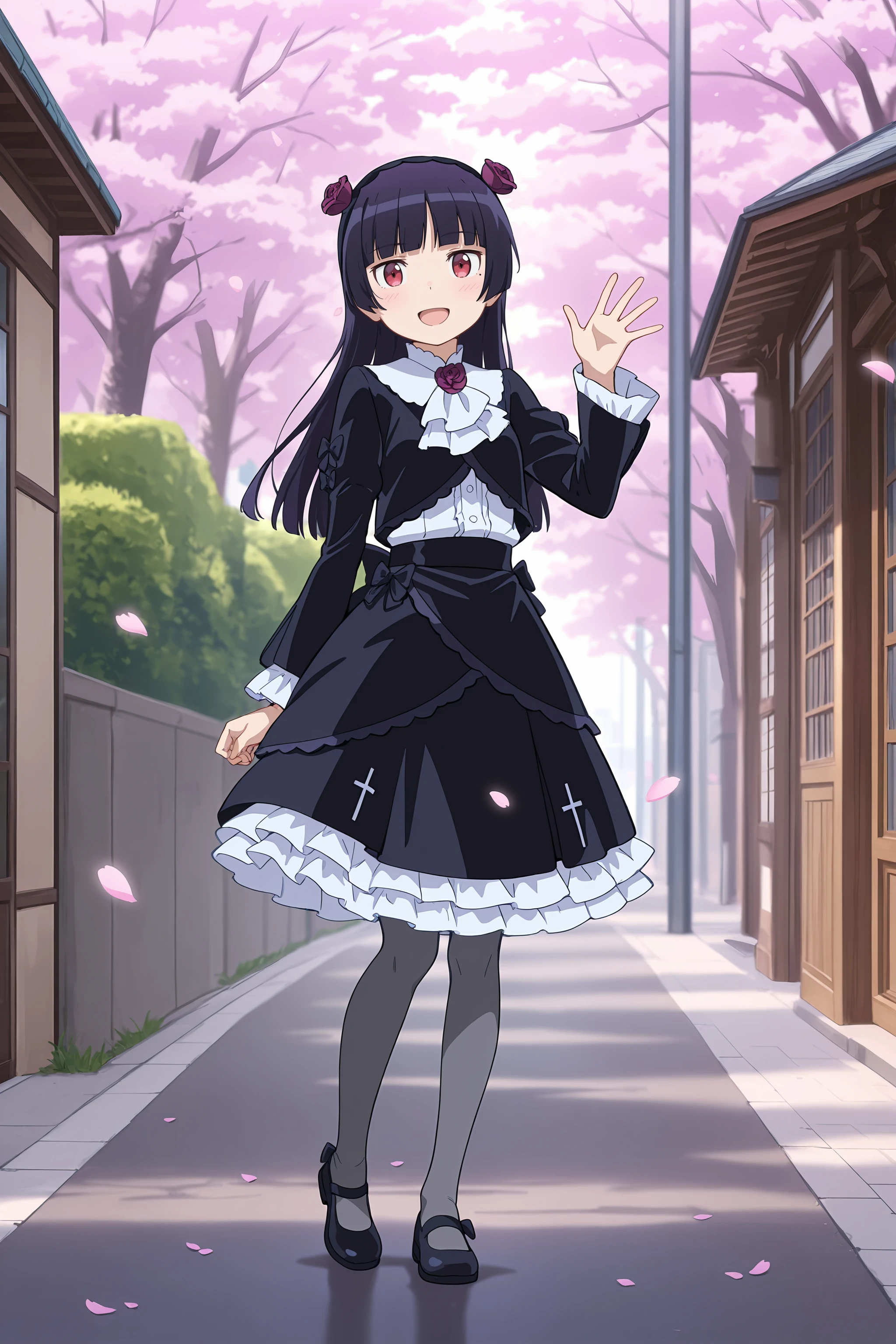 <lora:Char-Gokou_Ruri-V1-IL:0.9:hr=0.6>
masterpiece, best quality, amazing quality, very aesthetic, absurdres, newest, (scenery, volumetric lighting), anime screenshot, anime coloring 1girl, gokou ruri, red eyes, black flower hairband, solo, frilled ascot, flower brooch, black cropped jacket, white frilled shirt, black hoop skirt, petticoat, grey pantyhose, mary janes, waving, looking at viewer, smile, open mouth, standing, contrapposto, full body, outdoors, street, cherry blossoms, petals, depth of field