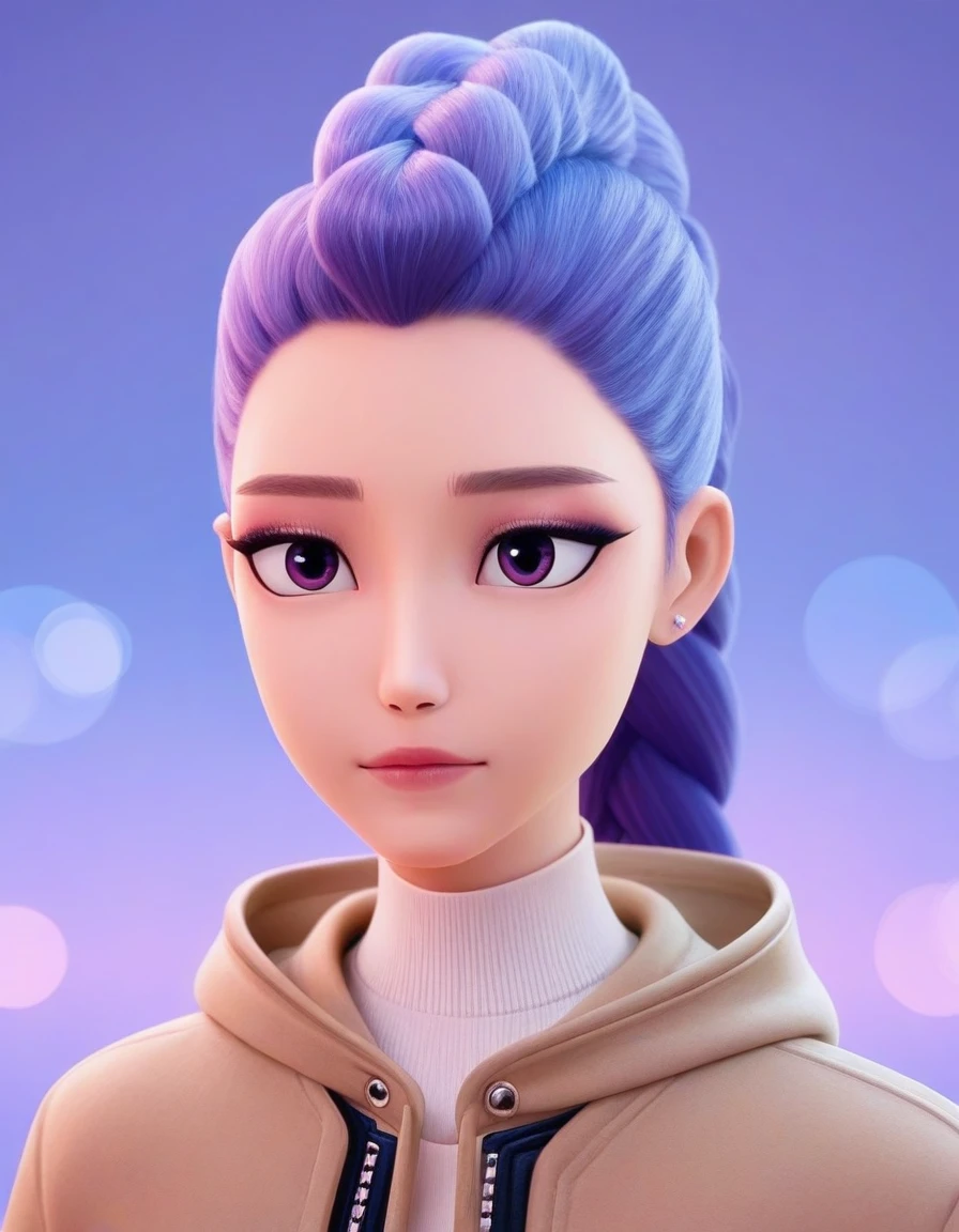 Rumi_XL, braid, braided ponytail, eyeshadow, brown eyes, Rumi_XL, 1girl, solo, jewelry, blue hair, purple eyes, braid, ponytail, earrings, hood, blurry, sweater, gradient background, blurry background, turtleneck, blue background, hood down, portrait, purple background, brown jacket, stud earrings, multicolored background, bokeh, lips, single braid, makeup, depth of field, lipstick, eyeshadow, braided ponytail, red lips, <lora:Rumi_XL-15:0.9>