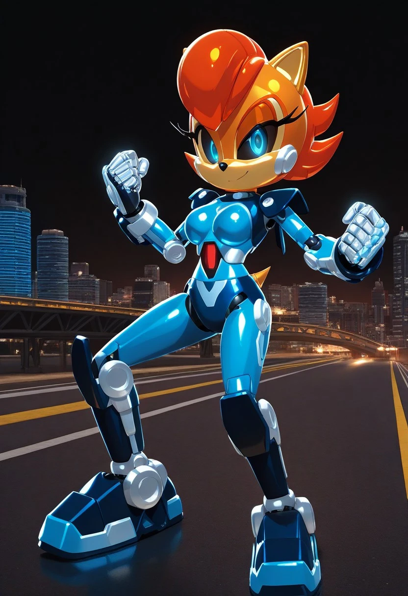 solo female, Mecha Sally, robot, metal skin, brown skin, peach muzzle, red hair, black sclera, blue pupils, blue armored , silver gloves, light blue blades attached to wrists, black knee boots, highway, metropolis, black sky, industrial city, , curvy, (3D, high quality, masterpiece, 4K UHD)