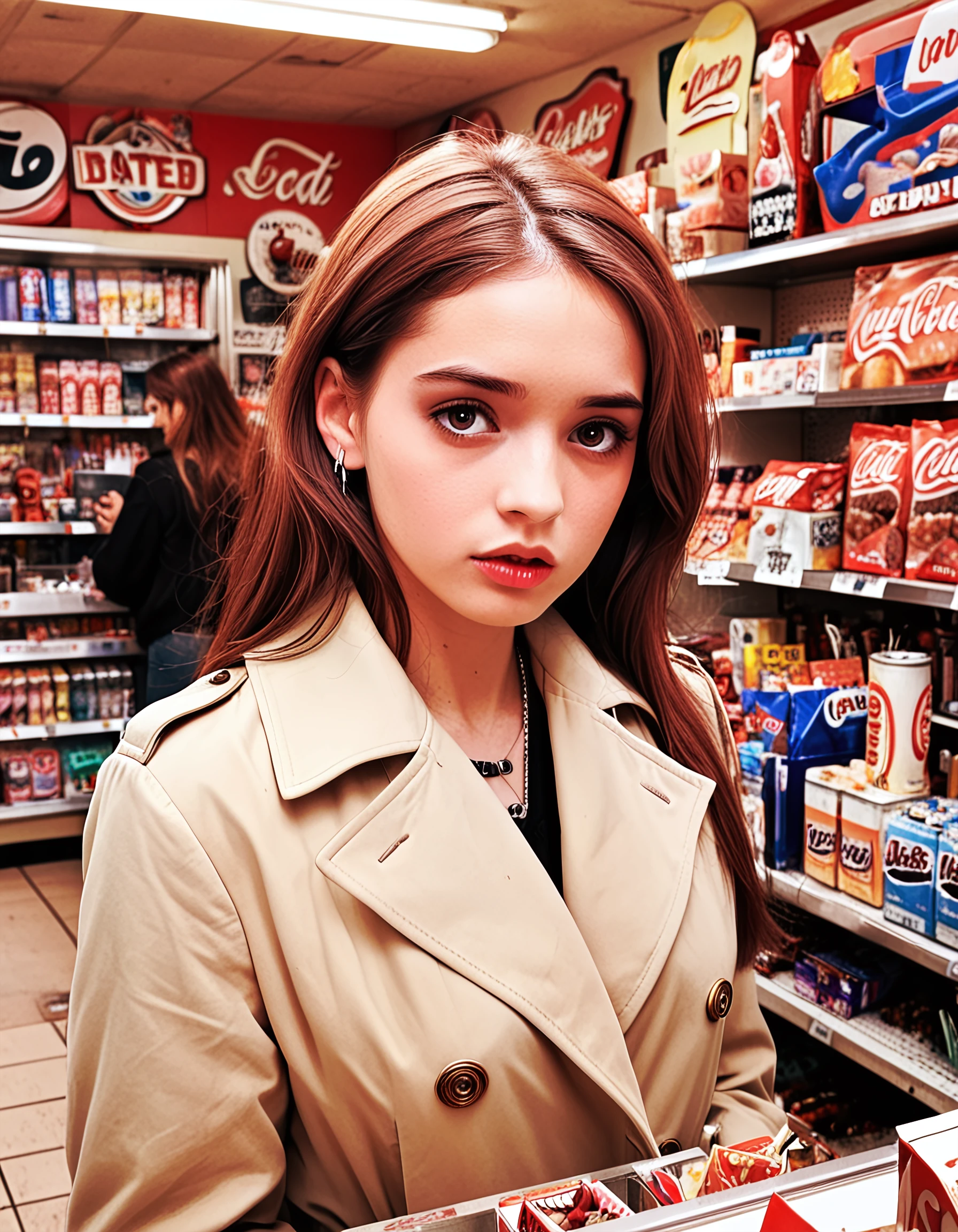 exitrosie, analog film photo, trench coat, straight hair, inside convenience store, soda fountain, cashier, cigarette display, candy display, busy, crowded, cluttered, brightly lit, full lips, sad eyes, face details, brown eyes, eyelashes, earrings, faded film, desaturated, 35mm photo, grainy, vignette, vintage, Kodachrome, Lomography, stained, highly detailed, found footage
