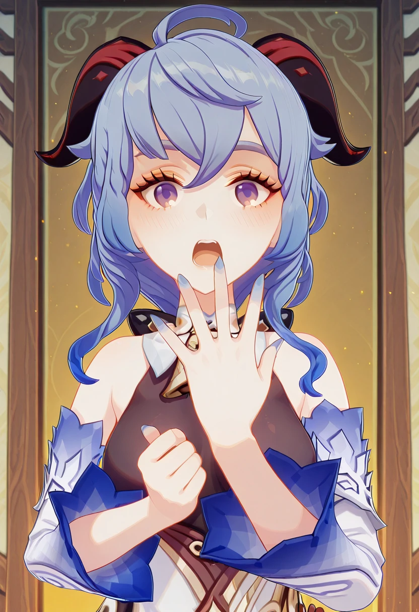 masterpiece, best quality, amazing quality,, <lora:genshin-ganyu-ingame-illustriousxl-lora-nochekaiser:1>, ganyu, ganyu (genshin impact), blue hair, goat horns, horns, long hair, purple eyes, sidelocks, mature female, medium breasts, 3d, <lora:gotoubunnohanayome-vol9-illustriousxl-lora-nochekaiser:1>, gotoubunnohanayome vol9, solo, looking at viewer, blush, open mouth, upper body, teeth, surprised, open hand, hands up,, , ,