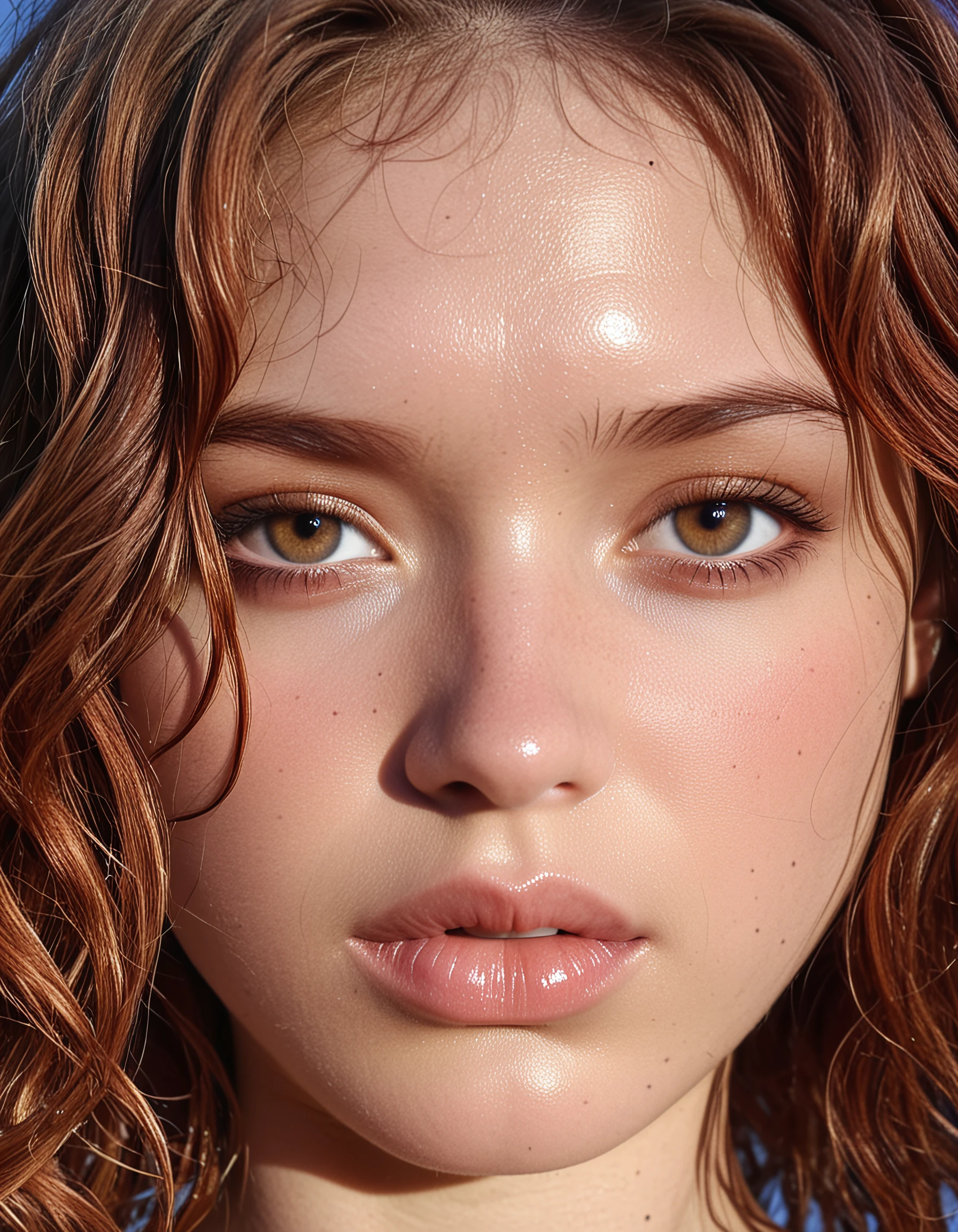 exitrosie skin details, pores, hi definition, RAW photograph, HDR, face, medium hair, wavy hair, swollen lips, sunlight, face