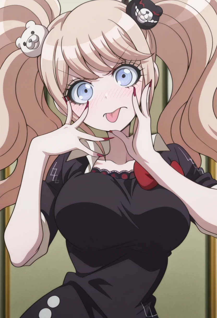 masterpiece, best quality, amazing quality,, <lora:junko-enoshima-s1-illustriousxl-lora-nochekaiser:1>, junko enoshima, enoshima junko, long hair, bangs, blue eyes, pink hair, hair ornament, twintails, bear hair ornament, mature female, large breasts, anime screencap,, <lora:gotoubunnohanayome-vol6-illustriousxl-lora-nochekaiser:1>, gotoubunnohanayome vol6, solo, looking at viewer, blush, closed mouth, tongue, tongue out, hands up, v-shaped eyebrows, akanbe,, , ,