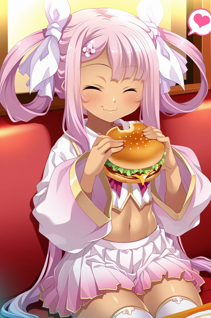 masterpiece, best quality, amazing quality, very aesthetic, absurdres, ultra detailed,
1girl, solo, su/n_sh@ngx1@ng(sha0ren), pink hair,  = =, hair rings, hair ribbon, hair ornament BREAK midriff, wide sleeves, navel, thighhighs, zettai ryouiki, pleated skirt, 
smile, wavy mouth, blush, (= =:1.2), turtleneck, nibble, Eating alone, juicy burger, spoken heart, in restaurant, sharp focus, depth of field <lora:Sun Shangxiang(shaoren) v1.0-000012:1>