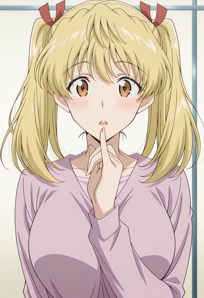 masterpiece, best quality, amazing quality,, <lora:eri-sawachika-s2-illustriousxl-lora-nochekaiser:1>, eri sawachika, medium hair, yellow hair, twintails, brown eyes, large breasts, mature female, anime screencap,, <lora:gotoubunnohanayome-vol11-illustriousxl-lora-nochekaiser:1>, gotoubunnohanayome vol11, solo, looking at viewer, blush, open mouth, upper body, parted lips, teeth, hand up, upper teeth only, straight-on, pinky to mouth, pinky out,, , ,