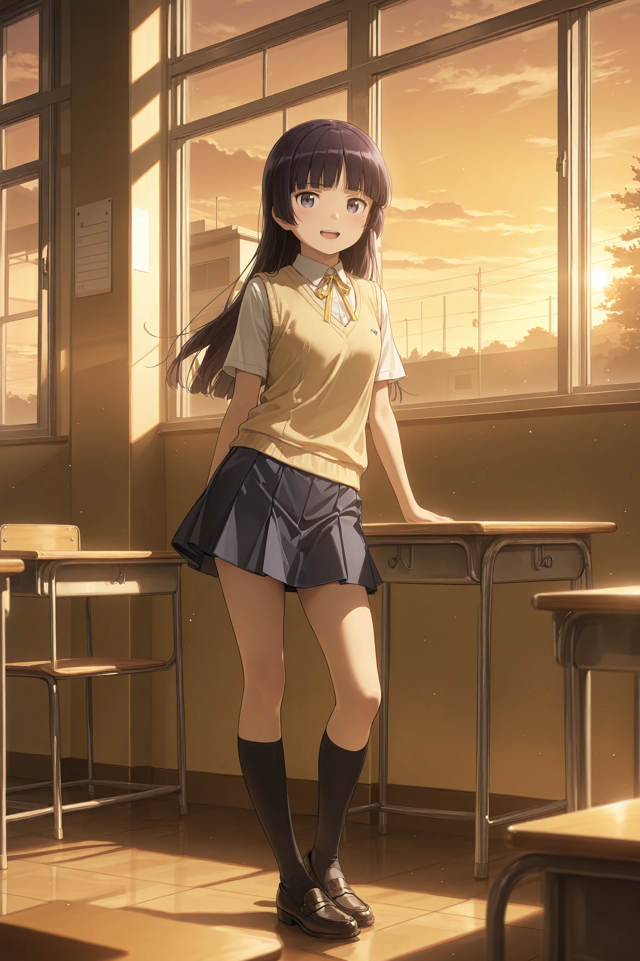 1girl, gokou ruri, solo, yellow neck ribbon, white collared shirt, yellow sweater vest, blue miniskirt, black kneehighs, loafers, standing, contrapposto, full body, looking at viewer, smile, open mouth, sunset, classroom, school desk, window, backlighting, depth of field <lora:Char-Gokou_Ruri-V1-IL:0.9:hr=0.6>
masterpiece, best quality, amazing quality, very awa,absurdres,newest,very aesthetic, highres, (scenery, volumetric lighting), high contrast, photorealistic, <lora:IL-Cunny:0.8:hr=0>, <lora:IL-Dramatic_Lighting_Slider:2.5:hr=0>