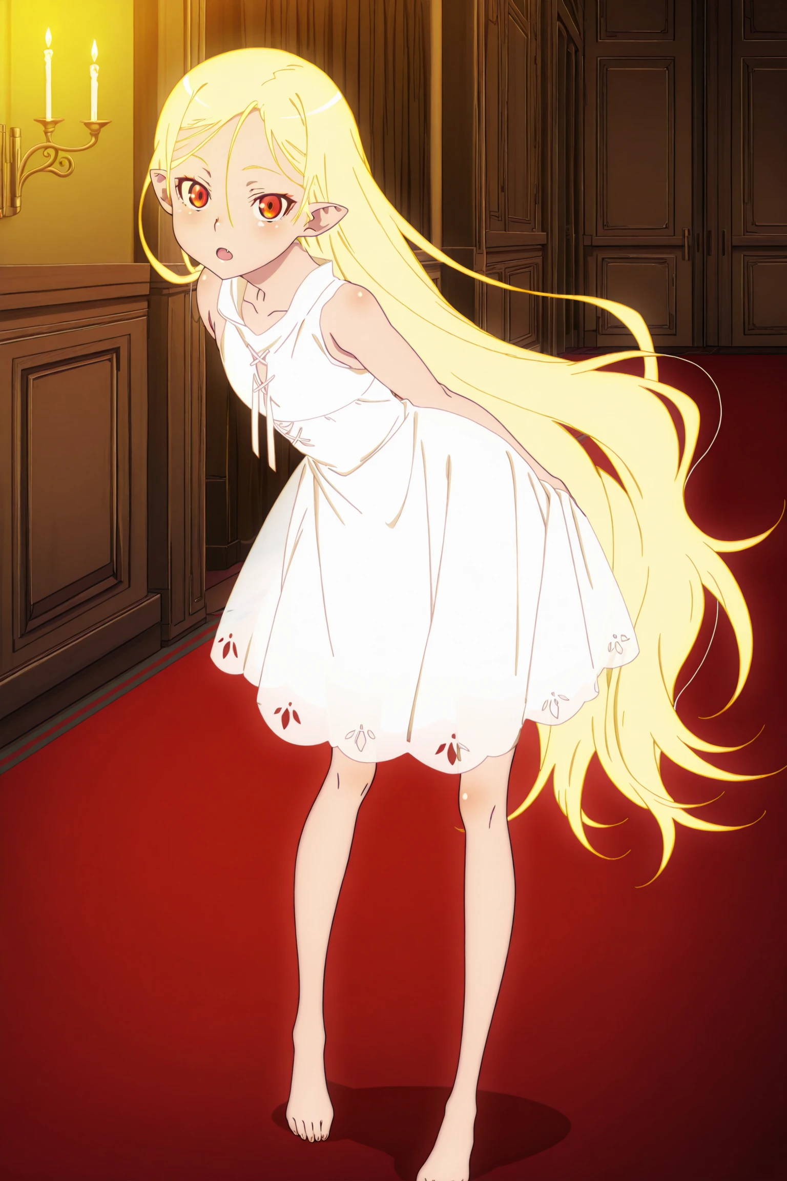 anime screencap, anime coloring, detailed face, masterpiece, best quality, absurdres, official style, official art,
<lora:StS-Illustrious-Detail-Slider-v1.0:5>
<lora:Kiss-Shot_Acerola-Orion_Heart-Under-BladeShinobu_Oshino_Kizumonogatari:1>
sh1n0buf0rm2, 1girl, long hair, dress, solo, pointy ears, blonde hair, white dress, barefoot, vampire,  shoulders, very long hair.  looking at the viewer, open mouth, indoors,