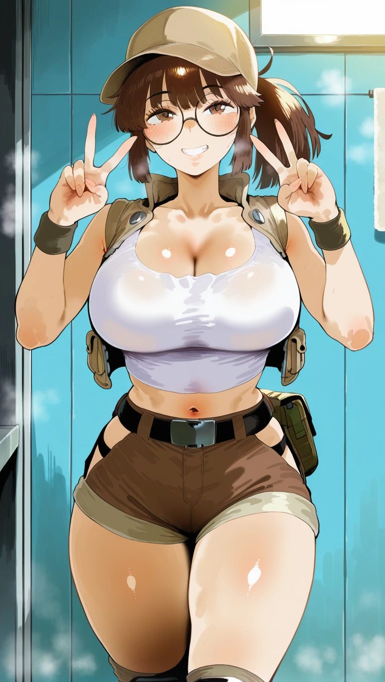 (masterpiece),best quality,amazing quality,very aesthetic,absurdres,newest,perfect body,shiny skin,perfect eyes,detail1eye,well-defined fingers,well-defined fingernails,anime style,indoors,1girl,solo,upper body,(portrait:1.5),looking at viewer,facing viewer,smile,blush,Hero Neisan style,Fio Germi,baseball cap,brown headwear,beige hat,long hair,brown hair,ponytail,sidelocks,bangs,brown eyes,round eyewear,collarbone,cleavage,crop top,midriff,beige vest,tank top,large breasts,wristband,navel,belt,brown shorts,short shorts,shorts rolled up,hip vent,fanny pack,knee pads,boots,<lora:Fio Germi(ms)-Illus:1.8>,<lora:Hero Neisan[style]-Illus:1.8>,