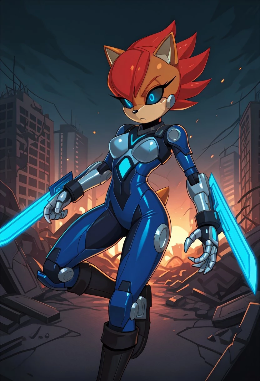 masterpiece, best quality, highres, smooth lighting, cool shading, (Mecha Sally, robot, metal skin, brown skin, peach muzzle, red hair, black sclera, glowing blue pupils, blue armored bodysuit, silver gloves, light blue blades attached to wrists, black knee boots, curvy), medium breasts, ruined city, destroyed city, thunderstorm, dark sky