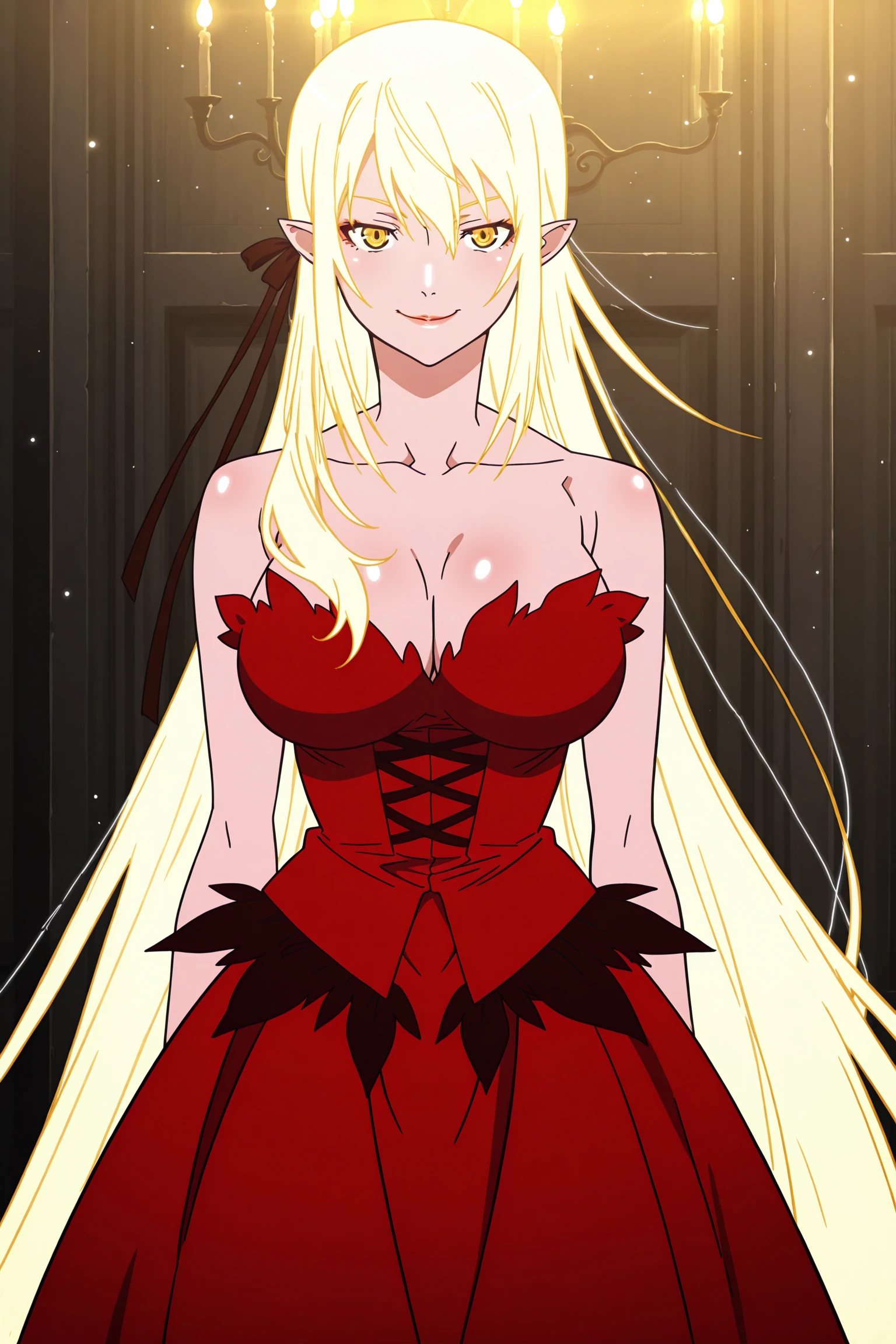 anime screencap, anime coloring, detailed face, masterpiece, best quality, absurdres, cinematic lighting, official style, official art,
<lora:StS-Illustrious-Detail-Slider-v1.0:5>
<lora:Kiss-Shot_Acerola-Orion_Heart-Under-BladeShinobu_Oshino_Kizumonogatari:1>
K1ss-Sh0t, 1girl, solo, very long hair, pointy ears, blonde hair, red dress, black hair ribbon, vampire,  shoulders, , yellow eyes,  smile, cowboy shot, high view, looking at the viewer