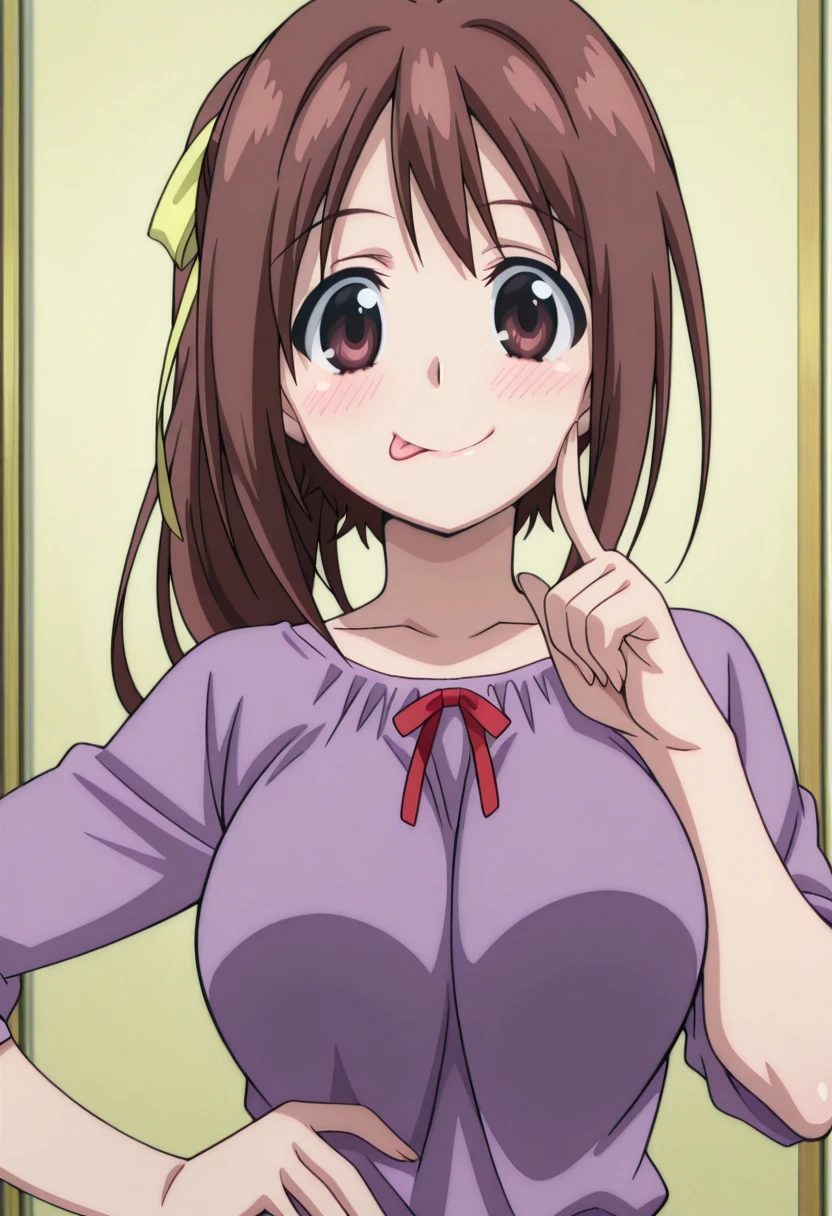 masterpiece, best quality, amazing quality,, <lora:sohara-mitsuki-s2-illustriousxl-lora-nochekaiser:1>, sohara mitsuki, long hair, brown hair, bow, ribbon, brown eyes, hair ribbon, ponytail, mature female, medium breasts, anime screencap,, <lora:gotoubunnohanayome-vol8-illustriousxl-lora-nochekaiser:1>, gotoubunnohanayome vol8, solo, looking at viewer, blush, smile, upper body, tongue, tongue out, :p, finger to cheek, hand on own hip,, , ,