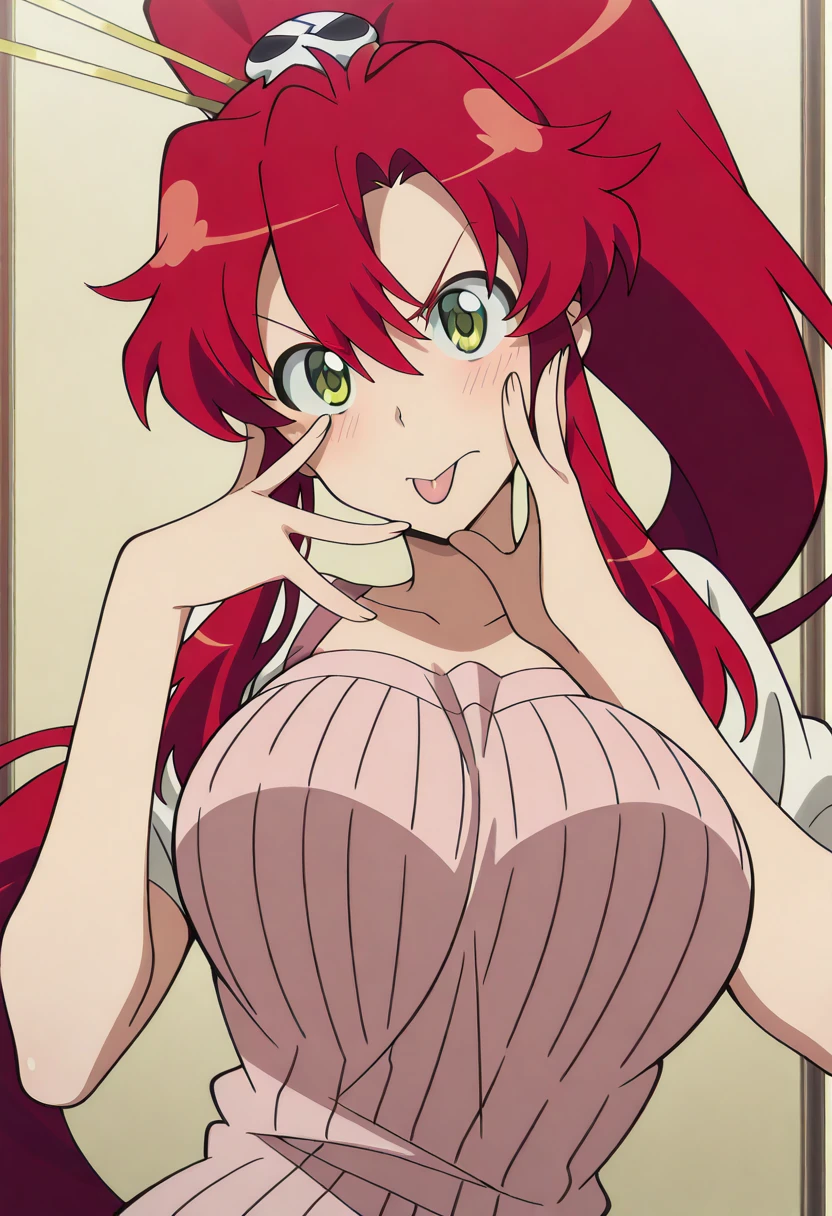 masterpiece, best quality, amazing quality,, <lora:yoko-littner-s1-illustriousxl-lora-nochekaiser:1>, yoko littner, hair between eyes, hair ornament, high ponytail, long hair, red hair, sidelocks, skull hair ornament, yellow eyes, mature female, large breasts, anime screencap, <lora:gotoubunnohanayome-vol6-illustriousxl-lora-nochekaiser:1>, gotoubunnohanayome vol6, solo, looking at viewer, blush, closed mouth, tongue, tongue out, hands up, v-shaped eyebrows, akanbe,, , ,