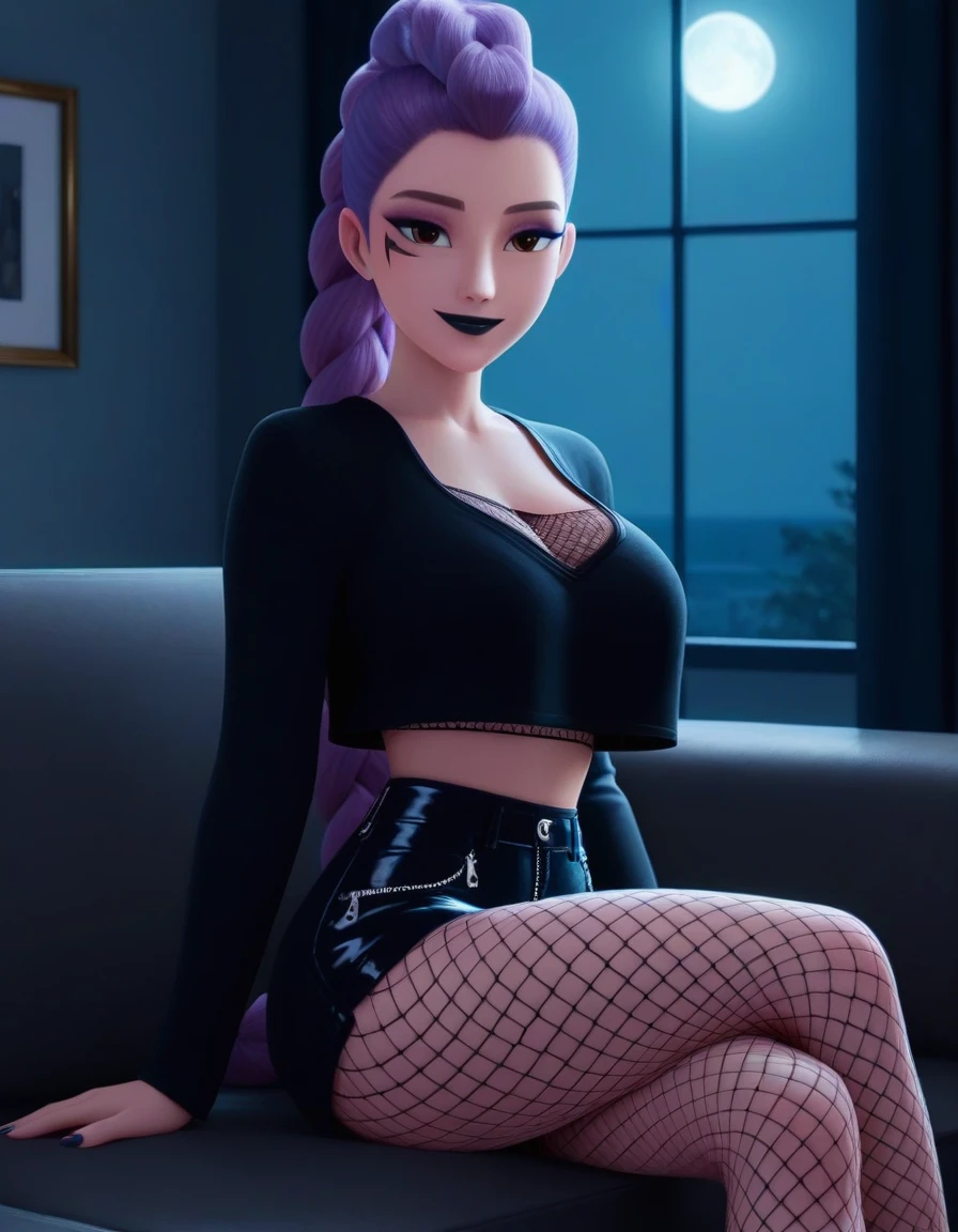 Rumi_XL, braid, braided ponytail, eyeshadow, brown eyes,1girl, black lips, lipstick, large breasts, big hips, curvy hips, thick thigs, fishnets, fishnet under shirt, long sleeves, top, crop top, crop top overhang, black crop top, cleavage, shorts, jean shorts, black jean shorts, pantyhose, sitting, crossed legs, smile, seductive smile, crescent, crescent mark, facial mark, room, living room, victorian room, sofa, dark theme, window, moon, full moon, anime coloring, back lighting, moon light, light from behind, <lora:Rumi_XL-15:0.9>