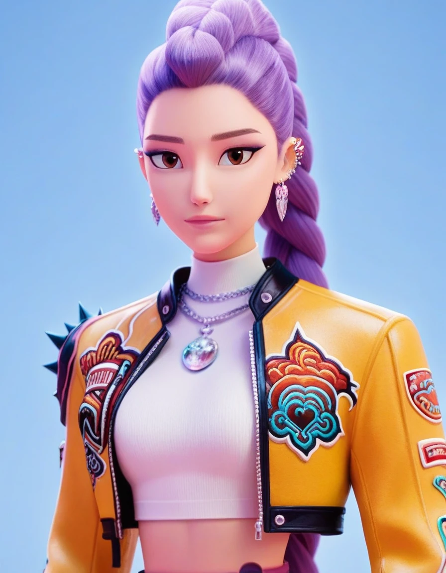 Rumi_XL, braid, braided ponytail, eyeshadow, brown eyes, Rumi_XL, 1girl, solo, breasts, looking at viewer, shirt, jewelry, medium breasts, jacket, white shirt, upper body, braid, weapon, earrings, open clothes, midriff, necklace, open jacket, crop top, makeup, turtleneck, blue background, piercing, knife, eyeshadow, cropped jacket, spikes, braided ponytail, hair behind ear, yellow jacket, dagger, cropped shirt <lora:Rumi_XL-15:0.9>