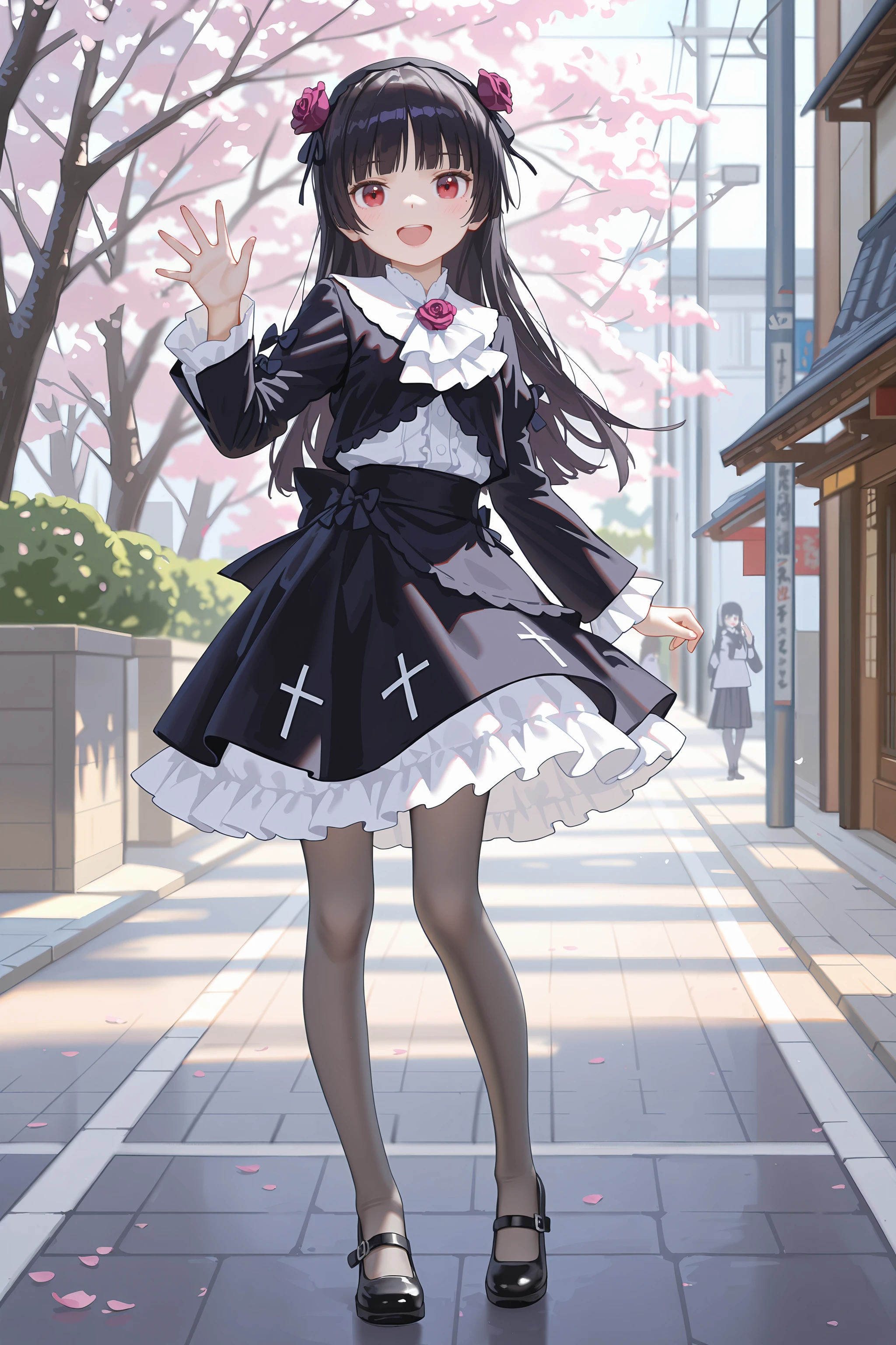 1girl, gokou ruri, red eyes, black flower hairband, solo, frilled ascot, flower brooch, black cropped jacket, white frilled shirt, black hoop skirt, petticoat, grey pantyhose, mary janes, waving, looking at viewer, smile, open mouth, standing, contrapposto, full body, outdoors, street, cherry blossoms, petals, depth of field <lora:Char-Gokou_Ruri-V1-IL:0.9:hr=0.6>, (fkey:0.5), (fuzichoco:0.6), ningen mame, sho lwlw, (rhasta:0.9), (wlop:0.7), (ke-ta:0.6), chen bin, (hyouuma:0.8)
masterpiece, best quality, amazing quality, very awa,absurdres,newest,very aesthetic, highres, (scenery, volumetric lighting), high contrast, photorealistic, <lora:IL-Dramatic_Lighting_Slider:2.5:hr=0>