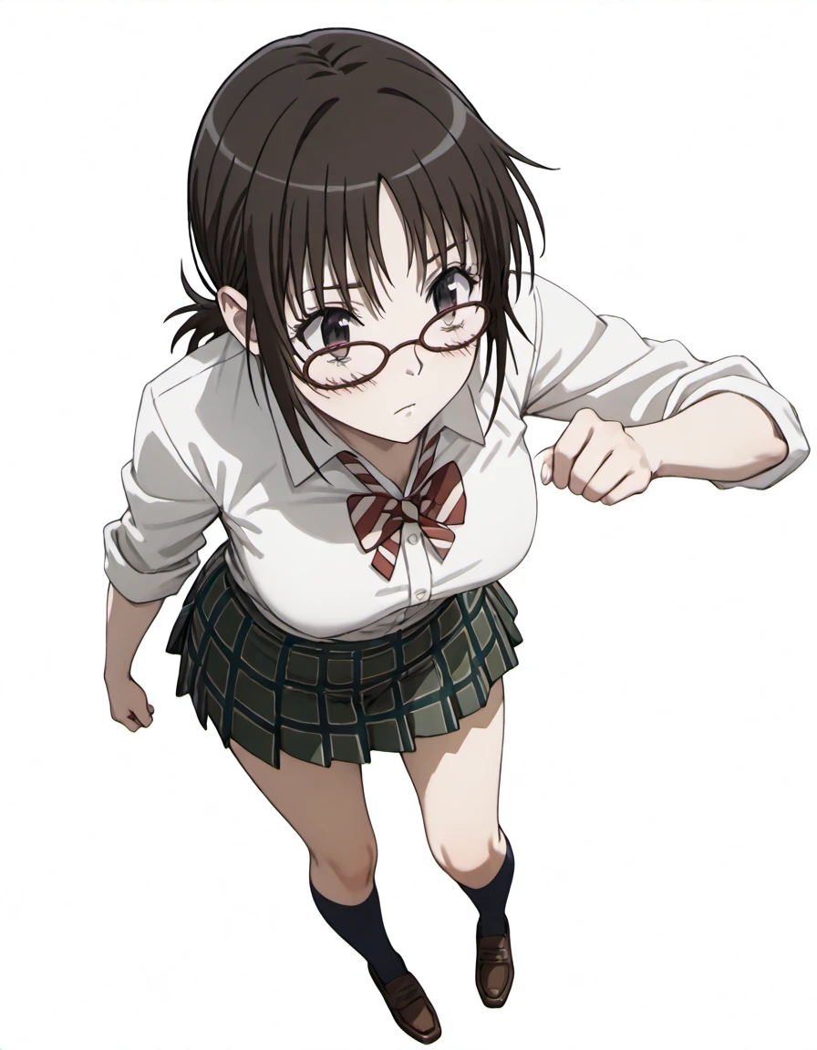 masterpiece, best quality, absurdres, <lora:nomura_taeko_IL_r1:1>, taeko_(coppelion), solo, 1girl, single, only_one, one_person, glasses, brown hair, ponytail, school uniform, white shirt, plaid skirt, green skirt, pleated skirt, ribbon, kneehighs, loafers, on a plain white background, studio background, simple_background, full body, dynamic pose, from above,