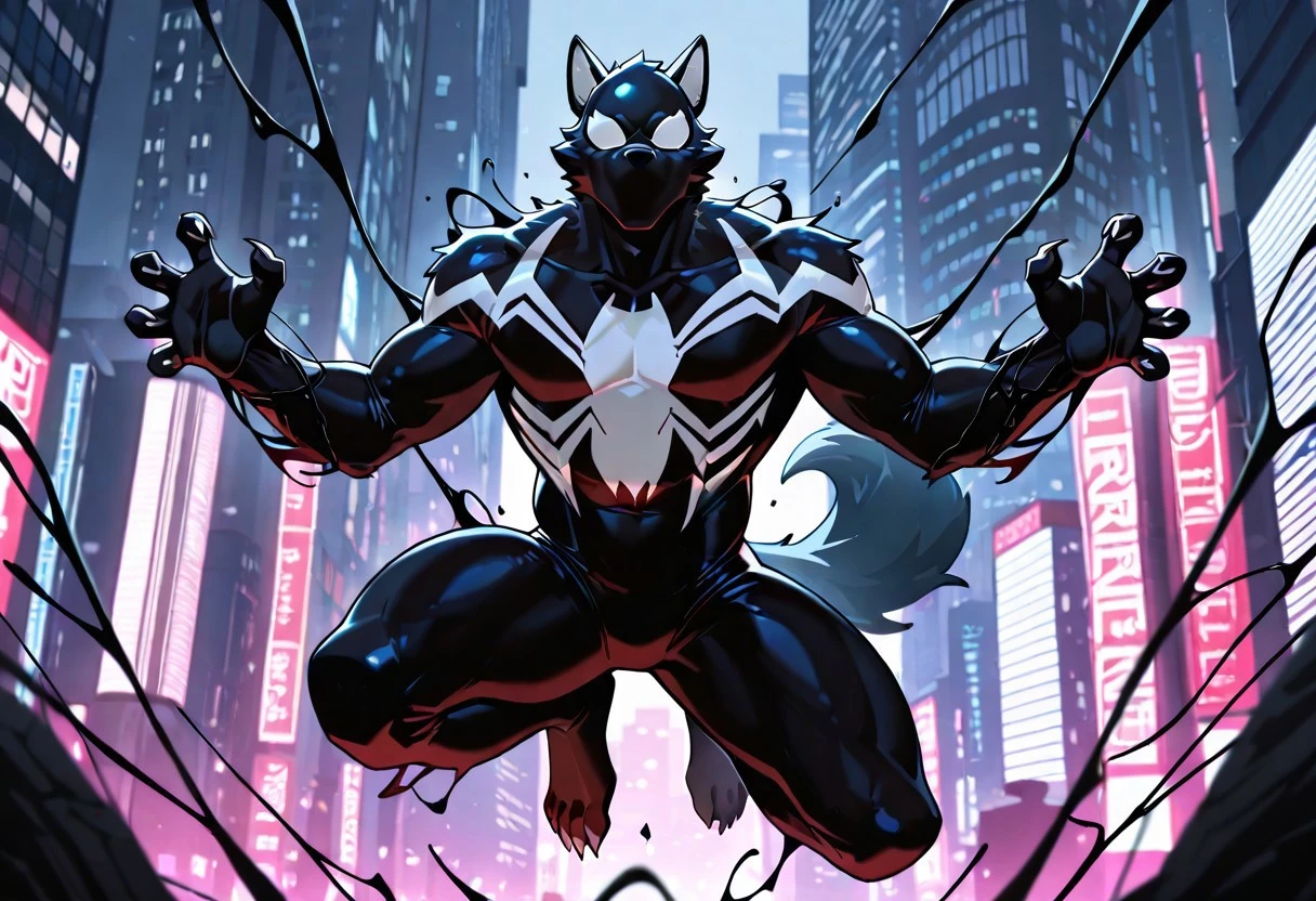 blacksuitspider_2017/(marvel)IL, symbiote, blacksuit, 1boy, solo, muscular, mask, bodysuit, spiderprint,
ArgoIL, solo, male, anthro, wolf, muscular, bara, claws, paws, wolf tail, wolf snout, wolf ears,
front view, superhero pose. jumping,
masterpiece, best quality, amazing quality, very aesthetic, highres, absurdres
night city,
4k, best quality, highly detailed, lights details, high resolution, high quality, perfect quality, vivid color, vibrant, highly detailed,