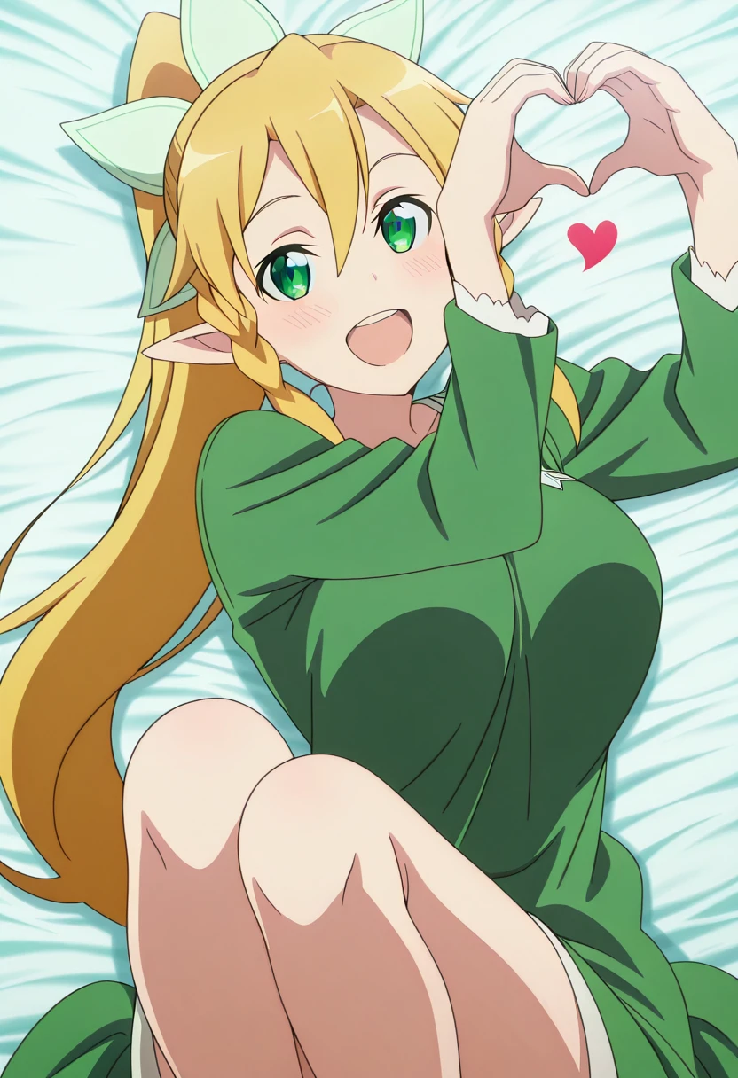 masterpiece, best quality, amazing quality,, <lora:suguha-kirigaya-s1-illustriousxl-lora-nochekaiser:1>, suguha kirigaya, leafa (sao), long hair, blonde hair, hair between eyes, green eyes, ponytail, braid, pointy ears, twin braids, mature female, large breasts, anime screencap, <lora:gotoubunnohanayome-vol5-illustriousxl-lora-nochekaiser:1>, gotoubunnohanayome vol5, solo, looking at viewer, blush, smile, open mouth, sitting, heart, :d, hands up, feet out of frame, upper teeth only, knees up, heart hands, lying, on back,, , ,