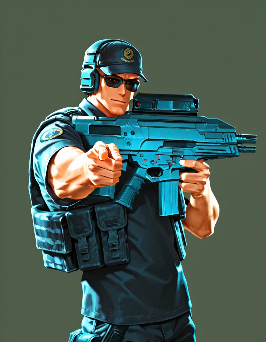 xm29, assault riffle, holding weapon, aiming, pointing at viewer, male, cap, tactical headphones, sunglasses, hand up, shirt