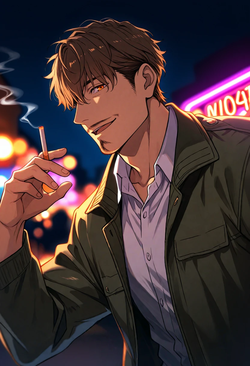 masterpiece,best quality,
1boy,(manly:0.7),
m1y4j1,brown hair,mustache stubble,goatee stubble,orange eyes,hair over eyes,
white shirt,collared shirt,jacket,open jacket,
holding cigarette,collarbone,
looking at viewer,smile,open mouth,
from side,upper body,
night,bokeh, neon lights, backlighting,
depth of field,blurry background,atmospheric perspective,
<lora:miyachi_iwao_NAI_EPS_1_1_CAME_v1_rev3:1>,âââ,âââ