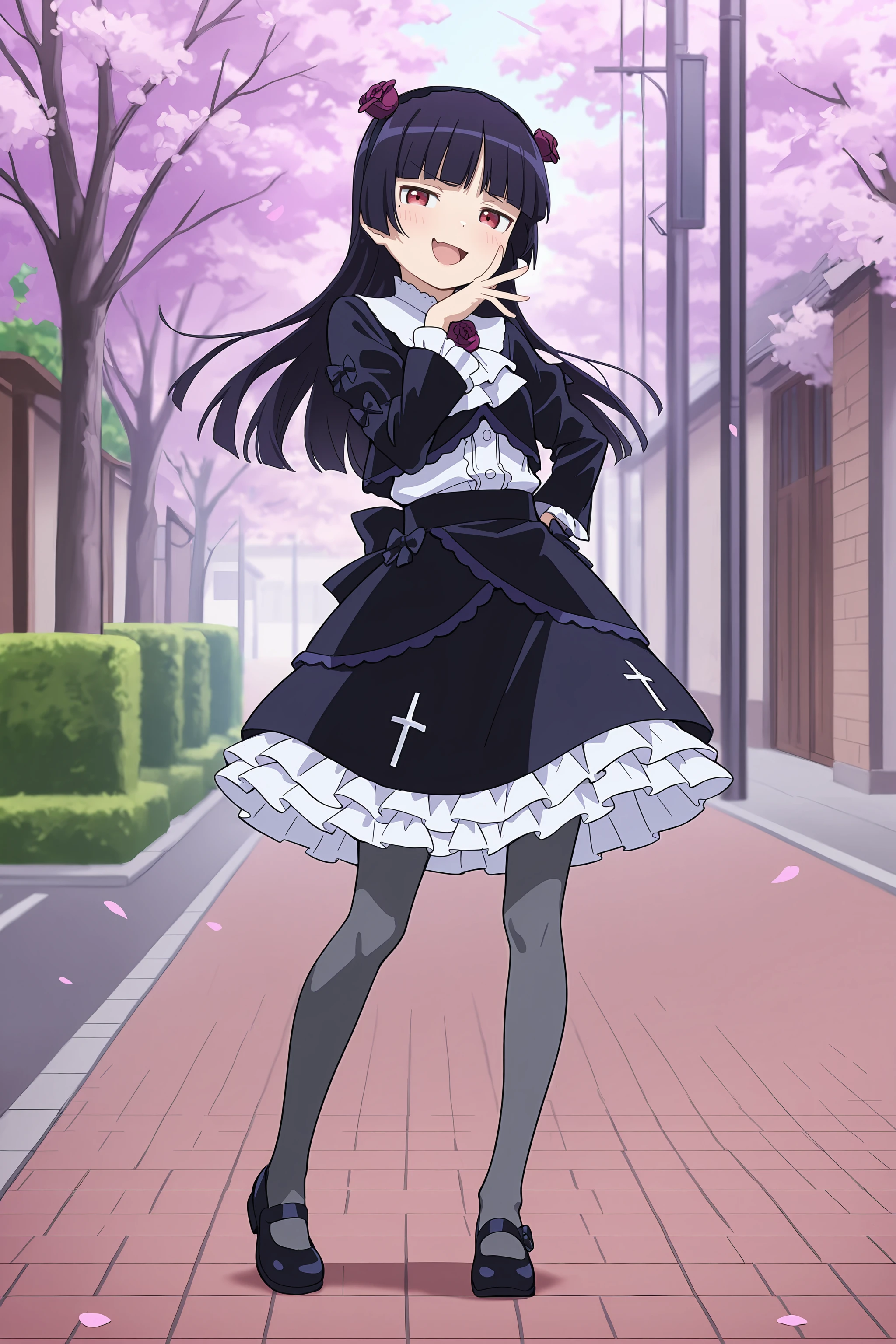 1girl, gokou ruri, red eyes, black flower hairband, solo, frilled ascot, flower brooch, black cropped jacket, white frilled shirt, black hoop skirt, petticoat, grey pantyhose, mary janes, looking at viewer, smug, open mouth, naughty face, ojou-sama pose, standing, contrapposto, full body, outdoors, street, cherry blossoms, petals, depth of field <lora:Char-Gokou_Ruri-V1-IL:0.9:hr=0.6>
masterpiece, best quality, amazing quality, very aesthetic, absurdres, newest, (scenery, volumetric lighting), anime screenshot, anime coloring
