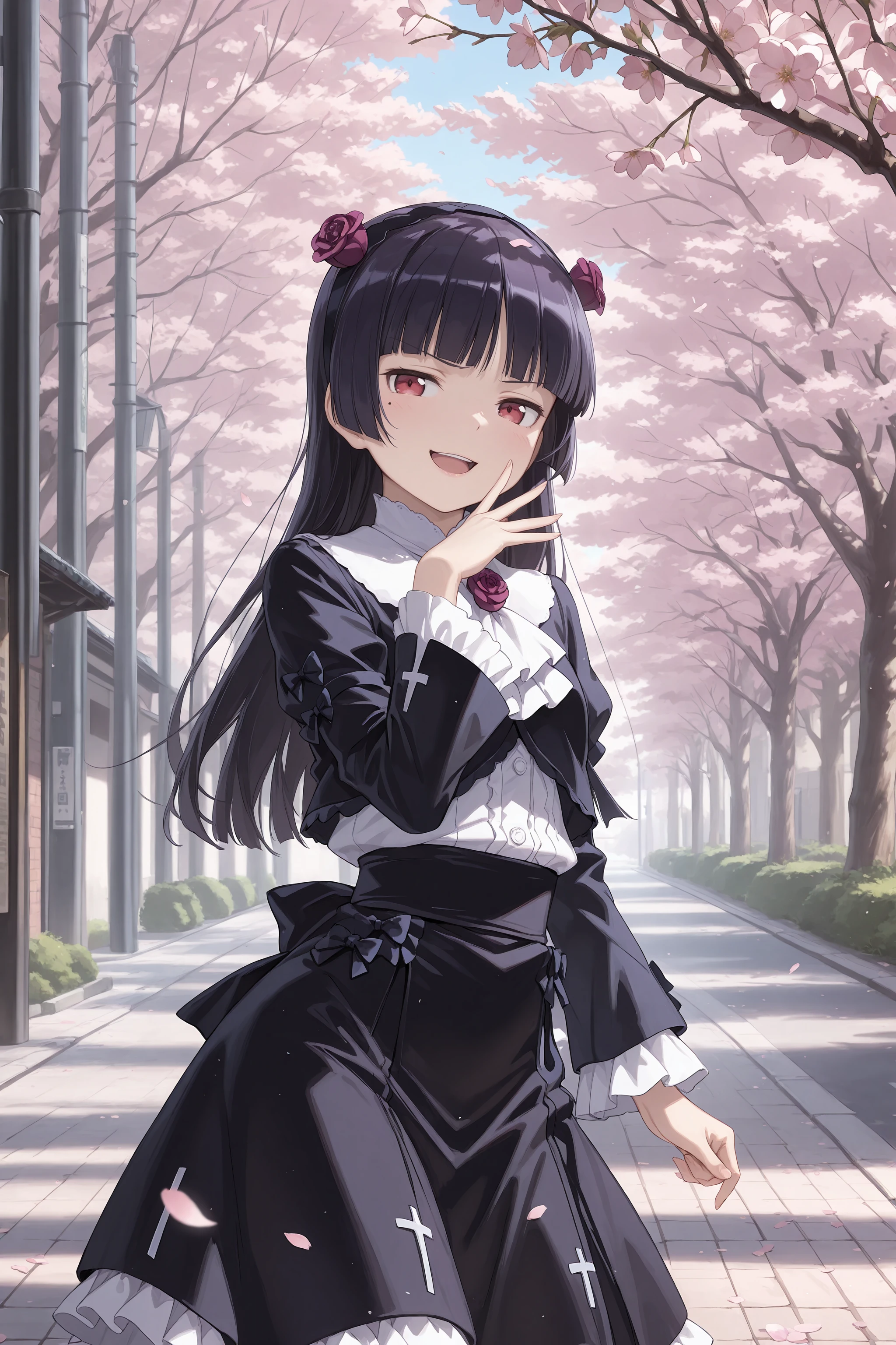 1girl, gokou ruri, red eyes, black flower hairband, solo, frilled ascot, flower brooch, black cropped jacket, white frilled shirt, black hoop skirt, petticoat, looking at viewer, smug, open mouth, naughty face, ojou-sama pose, standing, contrapposto, cowboy shot, outdoors, street, cherry blossoms, petals, depth of field <lora:Char-Gokou_Ruri-V1-IL:0.9:hr=0.6>
masterpiece, best quality, amazing quality, very awa,absurdres,newest,very aesthetic, highres, (scenery, volumetric lighting), high contrast, photorealistic, <lora:IL-Cunny:0.8:hr=0>, <lora:IL-Dramatic_Lighting_Slider:2.5:hr=0>