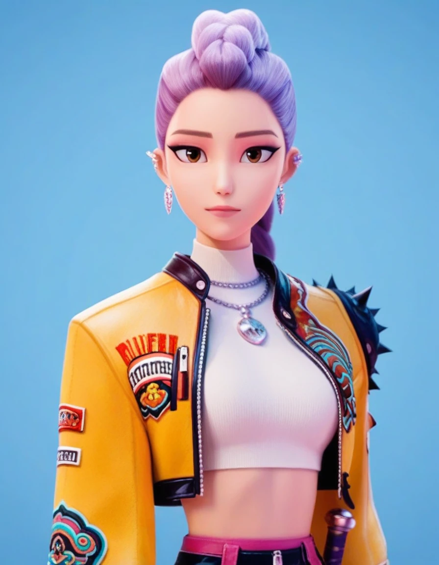 Rumi_XL, braid, braided ponytail, eyeshadow, brown eyes, Rumi_XL, 1girl, solo, breasts, looking at viewer, shirt, jewelry, medium breasts, jacket, white shirt, upper body, braid, weapon, earrings, open clothes, midriff, necklace, open jacket, crop top, makeup, turtleneck, blue background, piercing, knife, eyeshadow, cropped jacket, spikes, braided ponytail, hair behind ear, yellow jacket, dagger, cropped shirt <lora:Rumi_XL-15:0.9>