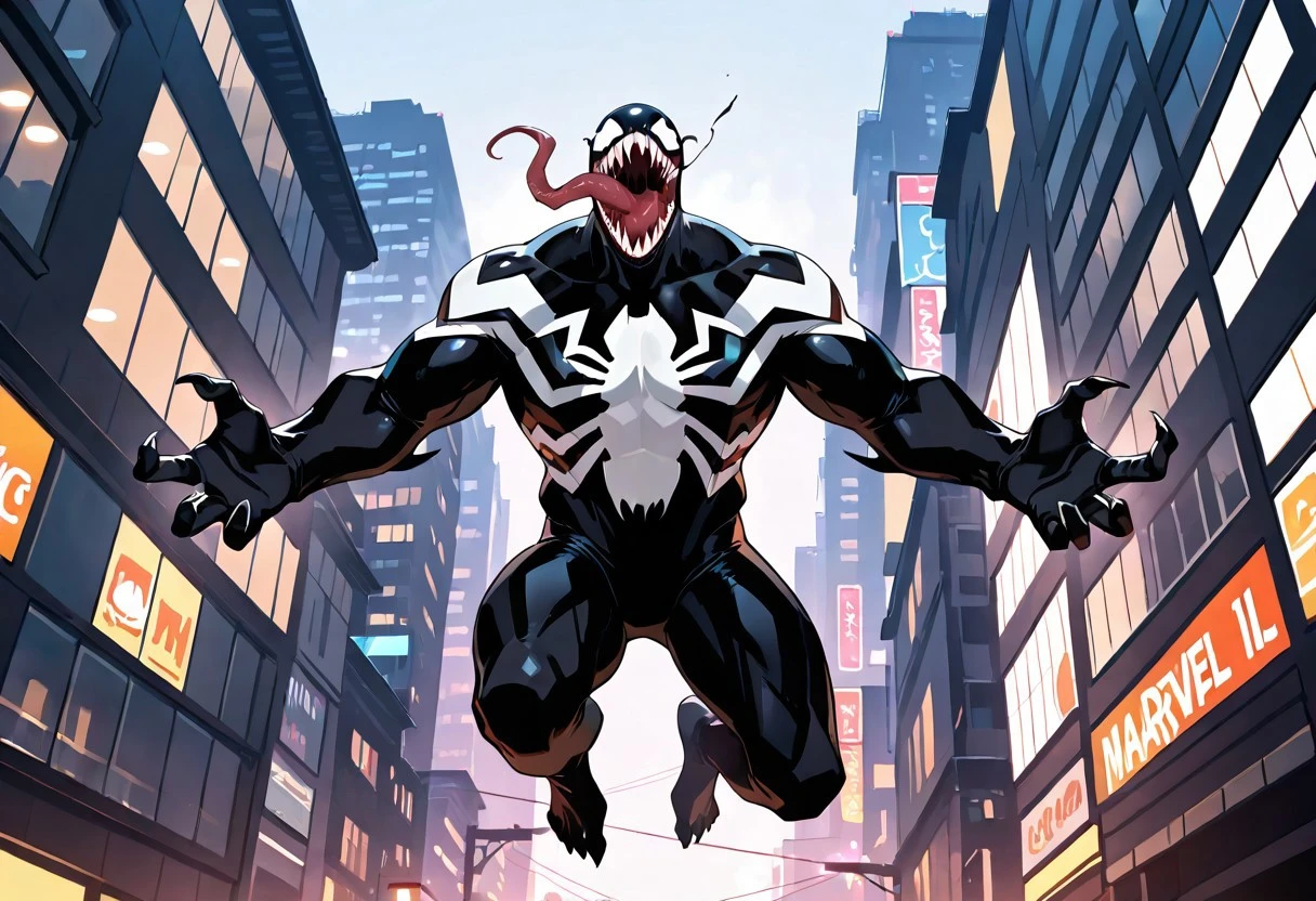 venom2017maximum/(marvel)IL, symbiote, blacksuit, , mouth, sharp_teerh, long_tongue, muscular, 1boy, solo, spiderprint,
front view, jumping,
masterpiece, best quality, amazing quality, very aesthetic, highres, absurdres
night city,
4k, best quality, highly detailed, lights details, high resolution, high quality, perfect quality, vivid color, vibrant, highly detailed,