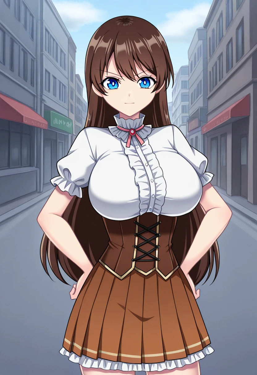 1girl, solo, hikarioparu, brown hair, long hair, blue eyes, bright pupils, white pupils, , magical girl, shirt, short sleeves, frills, center frills, short sleeves, turtleneck, neck ribbon, corset, pleated skirt, outdoors, city, street, smile, serious, standing, cowboy shot, hands on own ,