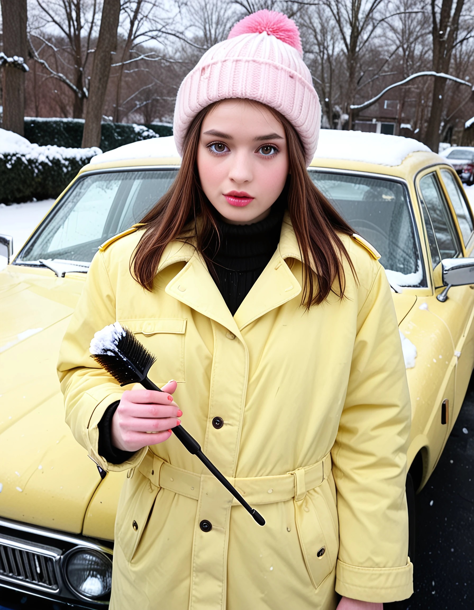 exitrosie, analog film photo, trench coat, straight hair, standing by parked car, snow on car, holding snow brush, knit cap, yellow puffer jacket, full lips, pink cheeks, pale skin, brown eyes, eyelashes