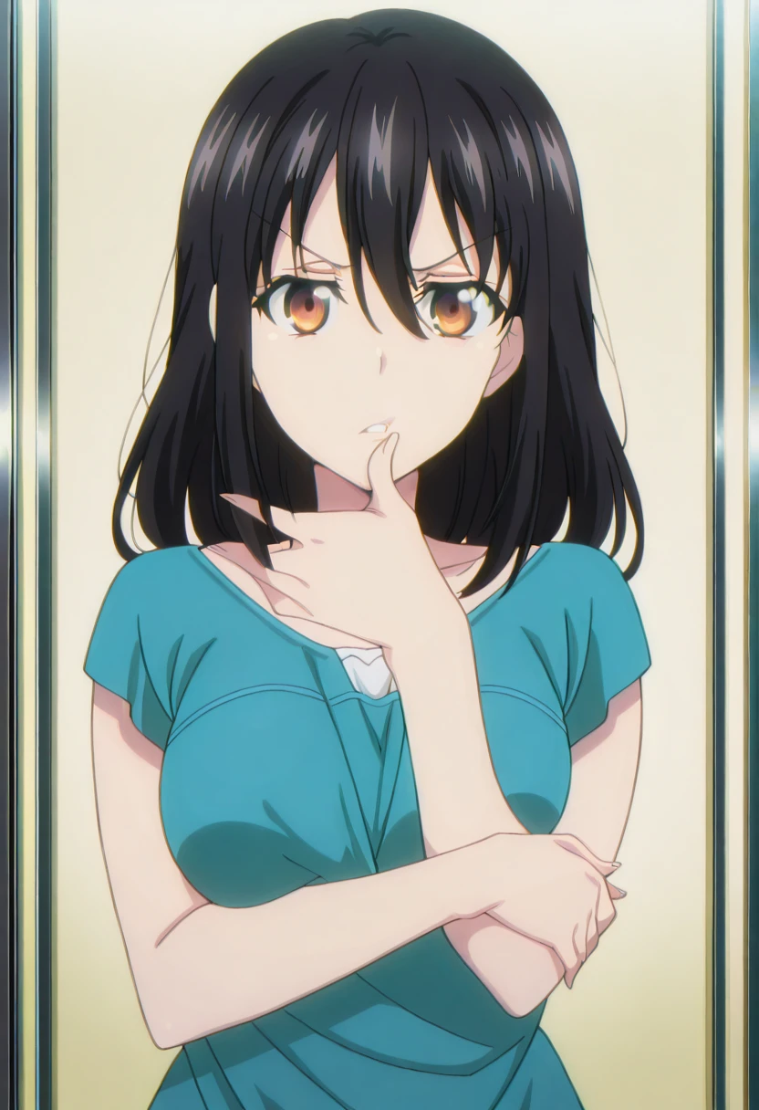 masterpiece, best quality, amazing quality,, <lora:yukina-himeragi-s5-illustriousxl-lora-nochekaiser:1>, yukina himeragi, long hair, black hair, brown eyes, mature female, small breasts, anime screencap, <lora:gotoubunnohanayome-vol7-illustriousxl-lora-nochekaiser:1>, gotoubunnohanayome vol7, solo, looking at viewer, upper body, parted lips, hand up, grabbing own arm, thumb on own lips, annoyed,, , ,