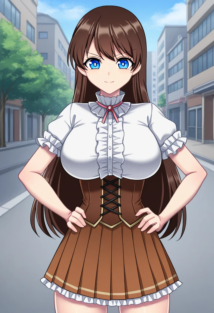 1girl, solo, hikarioparu, brown hair, long hair, blue eyes, bright pupils, white pupils, , magical girl, shirt, short sleeves, frills, center frills, short sleeves, turtleneck, neck ribbon, corset, pleated skirt, outdoors, city, street, smile, serious, standing, cowboy shot, hands on own ,