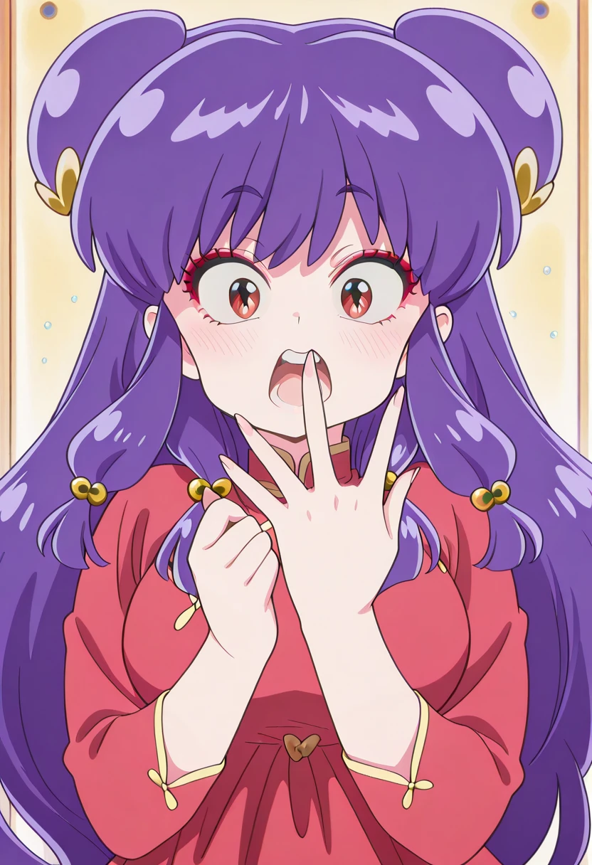 masterpiece, best quality, amazing quality,, <lora:shampoo-s1-illustriousxl-lora-nochekaiser:1>, shampoo, shampoo (ranma 1/2), long hair, hair ornament, red eyes, purple hair, hair bun, double bun, mature female, medium breasts, anime screencap, <lora:gotoubunnohanayome-vol9-illustriousxl-lora-nochekaiser:1>, gotoubunnohanayome vol9, solo, looking at viewer, blush, open mouth, upper body, teeth, surprised, open hand, hands up,, , ,