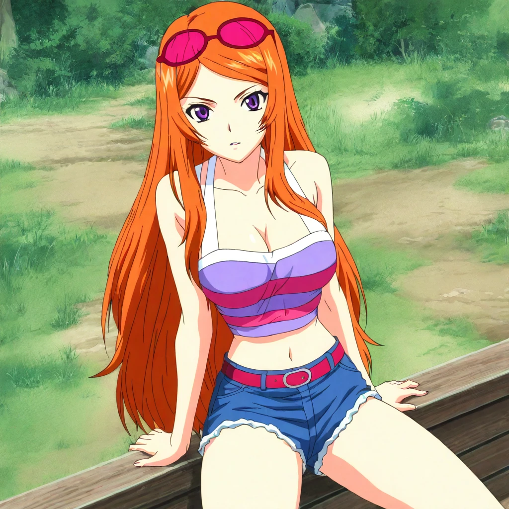 masterpiece,high score,great score,absurdres,anime coloring,anime screenshot,looking at viewer,solo,<lora:SakiShindou hassakuill30:1> sakishindou, orange hair, long hair, purple eyes, eyewear on head,crop top,cleavage,shorts,